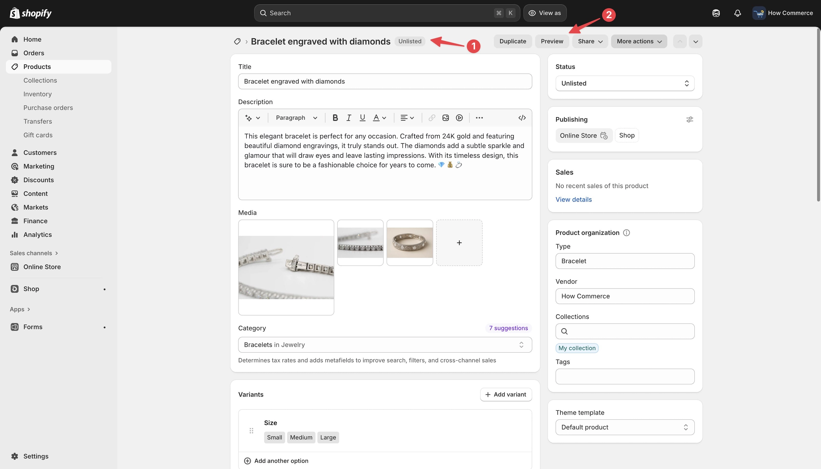 “Unlisted” status active on the product page in Shopify admin.