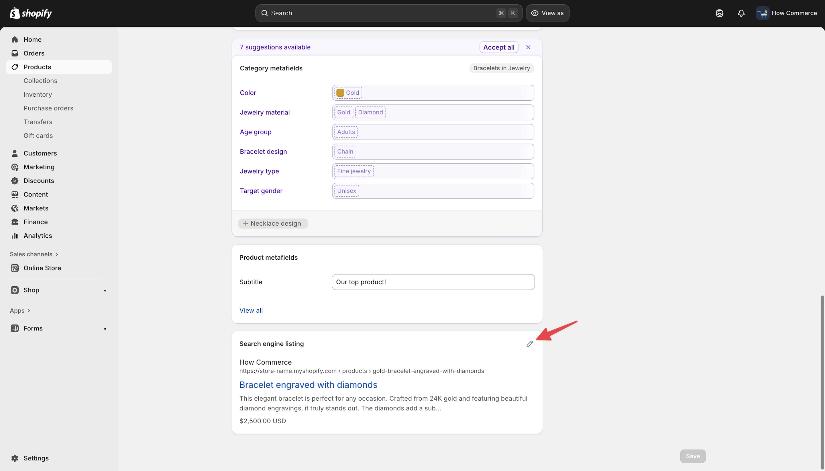 Link edit in the “Search engine listing” section on the Shopify product page.