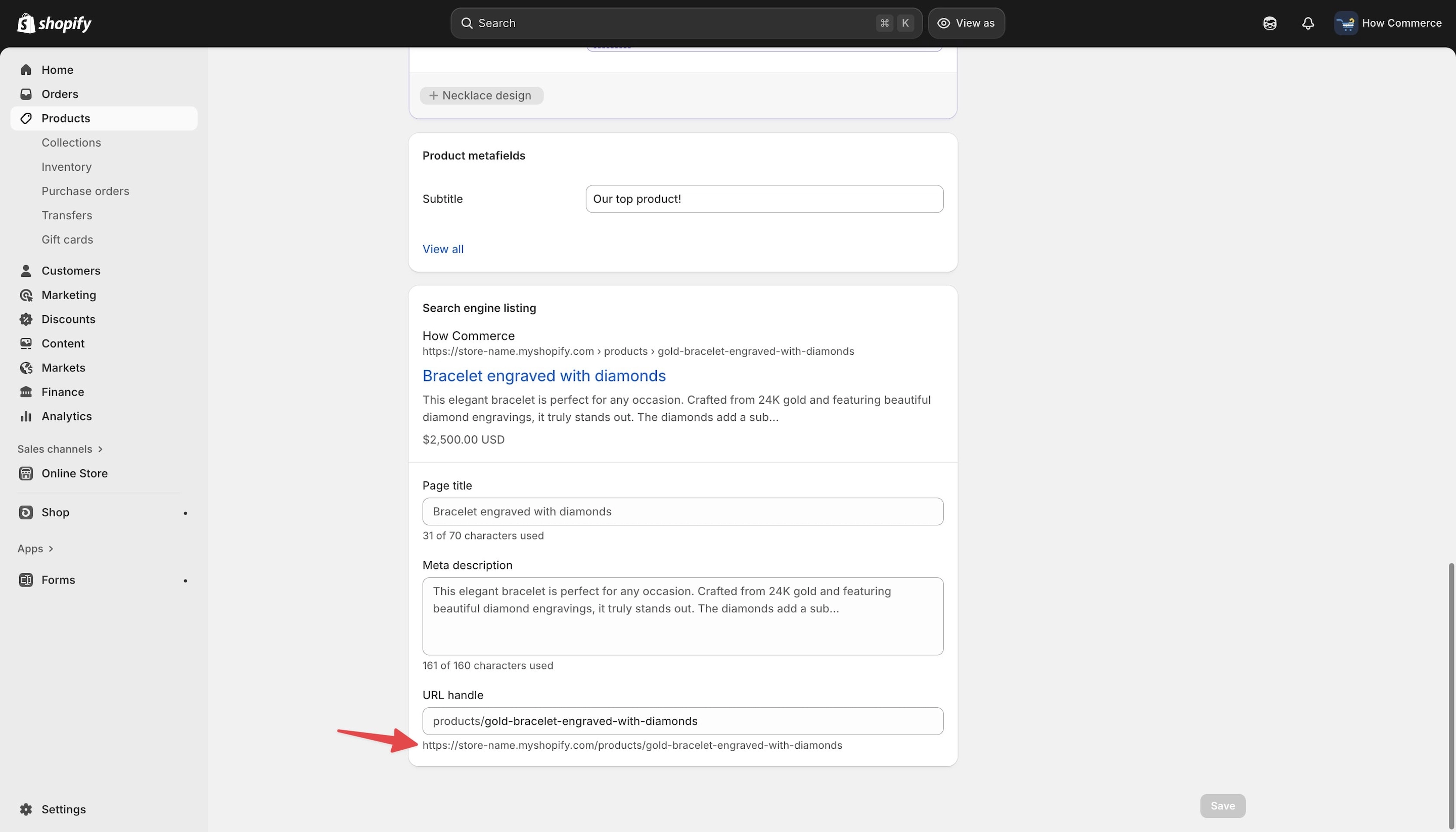 Link listing in the “Search engine listing” section on the Shopify product page.