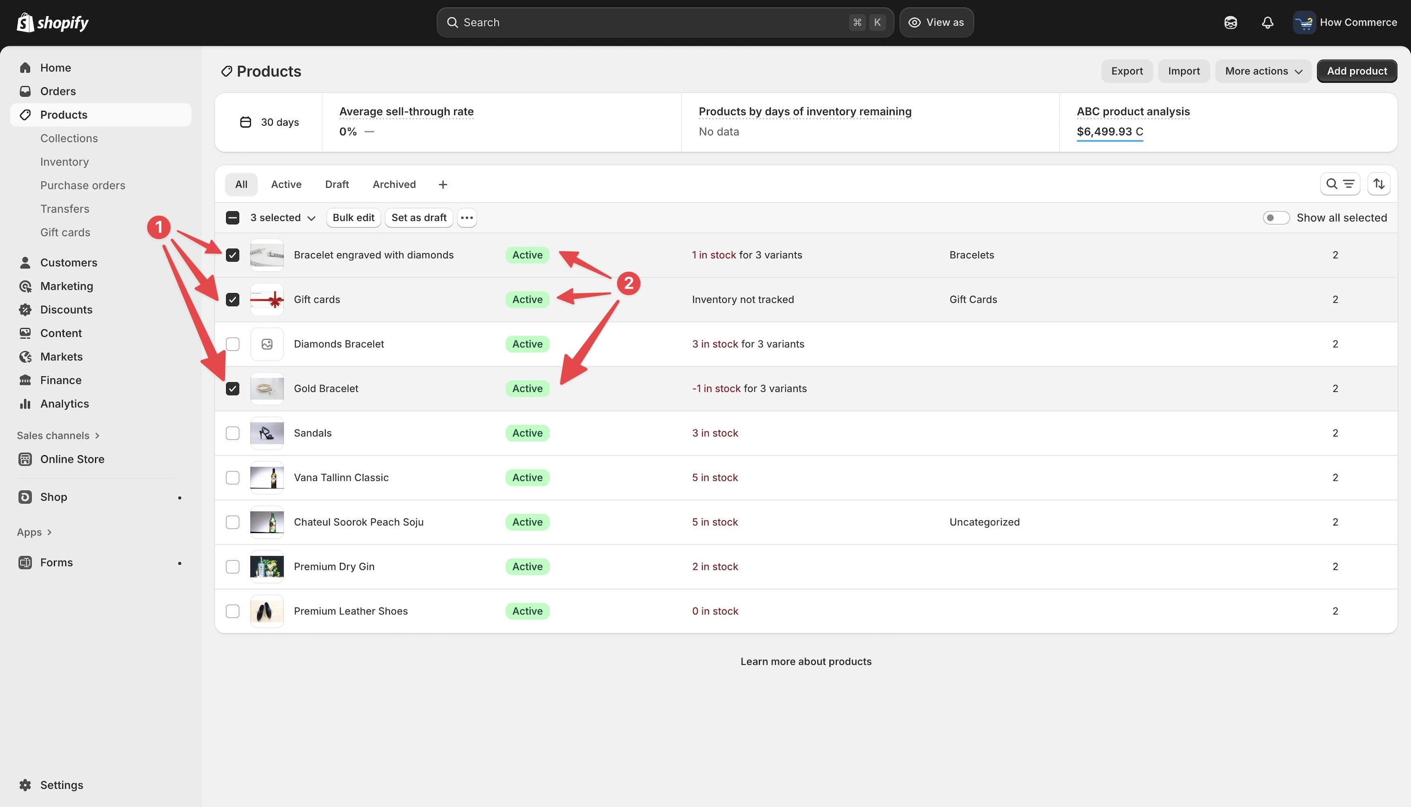 Multiple product selection on the Shopify product listing page.