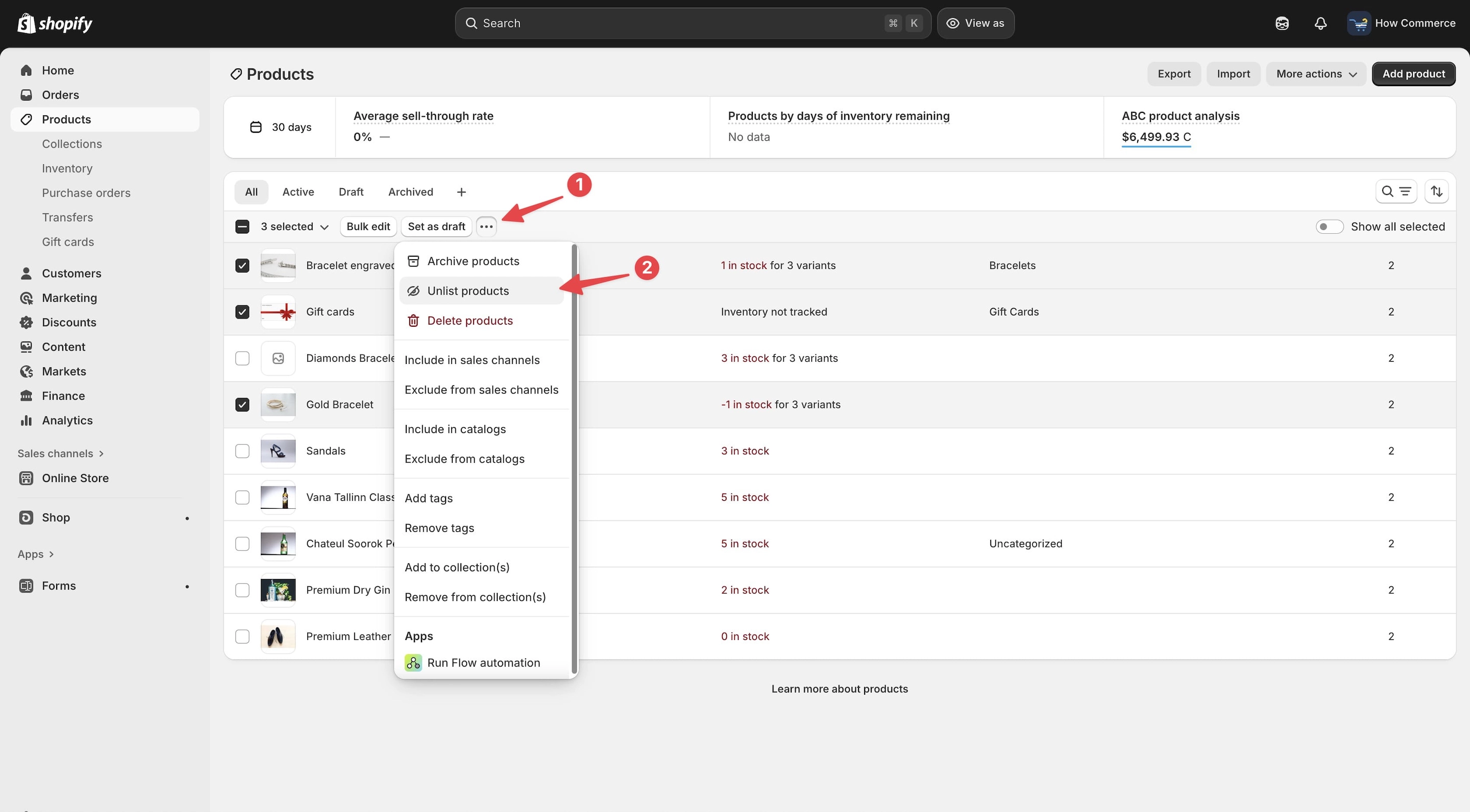 “Unlist product” option selection from drop-down on the Shopify product listing page.