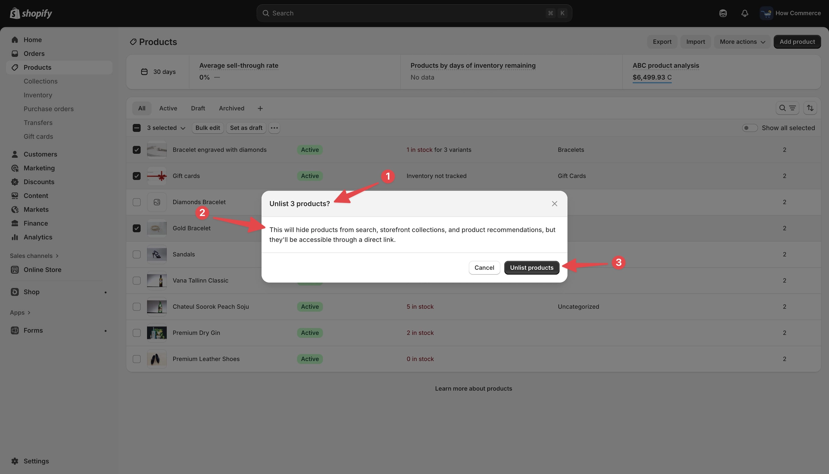 Modal confirmation to unlist products on Shopify.