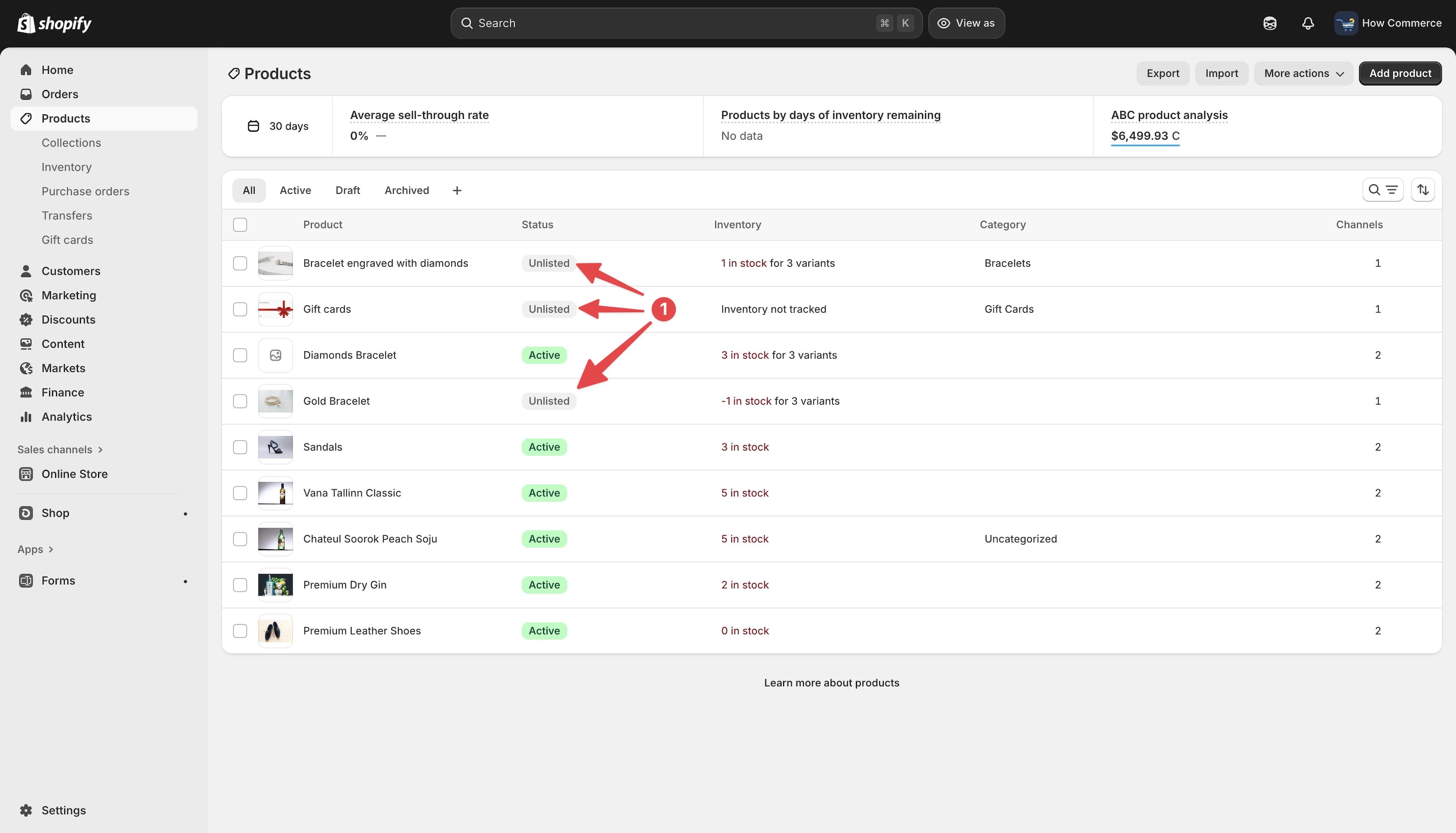 “Unlisted” status active on products on the product listing page in Shopify admin.