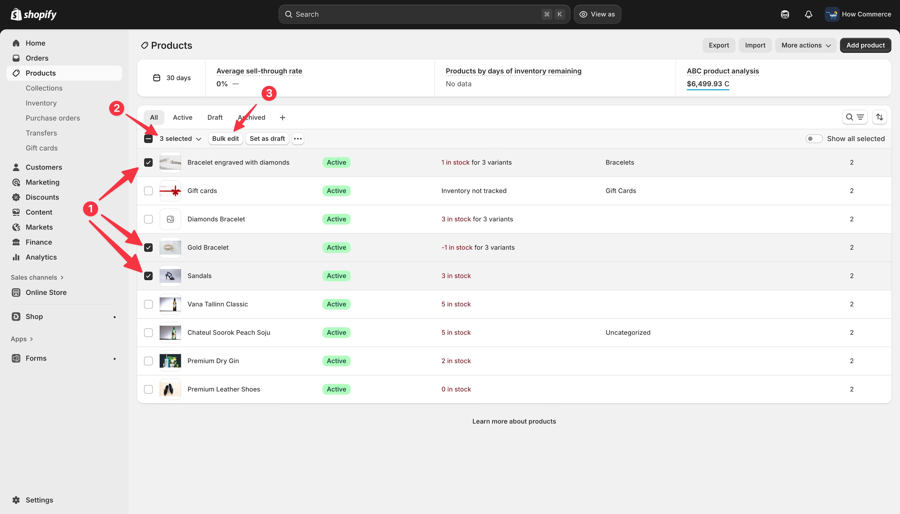Multiple products selection on the Shopify product listing page to open in bulk editor.