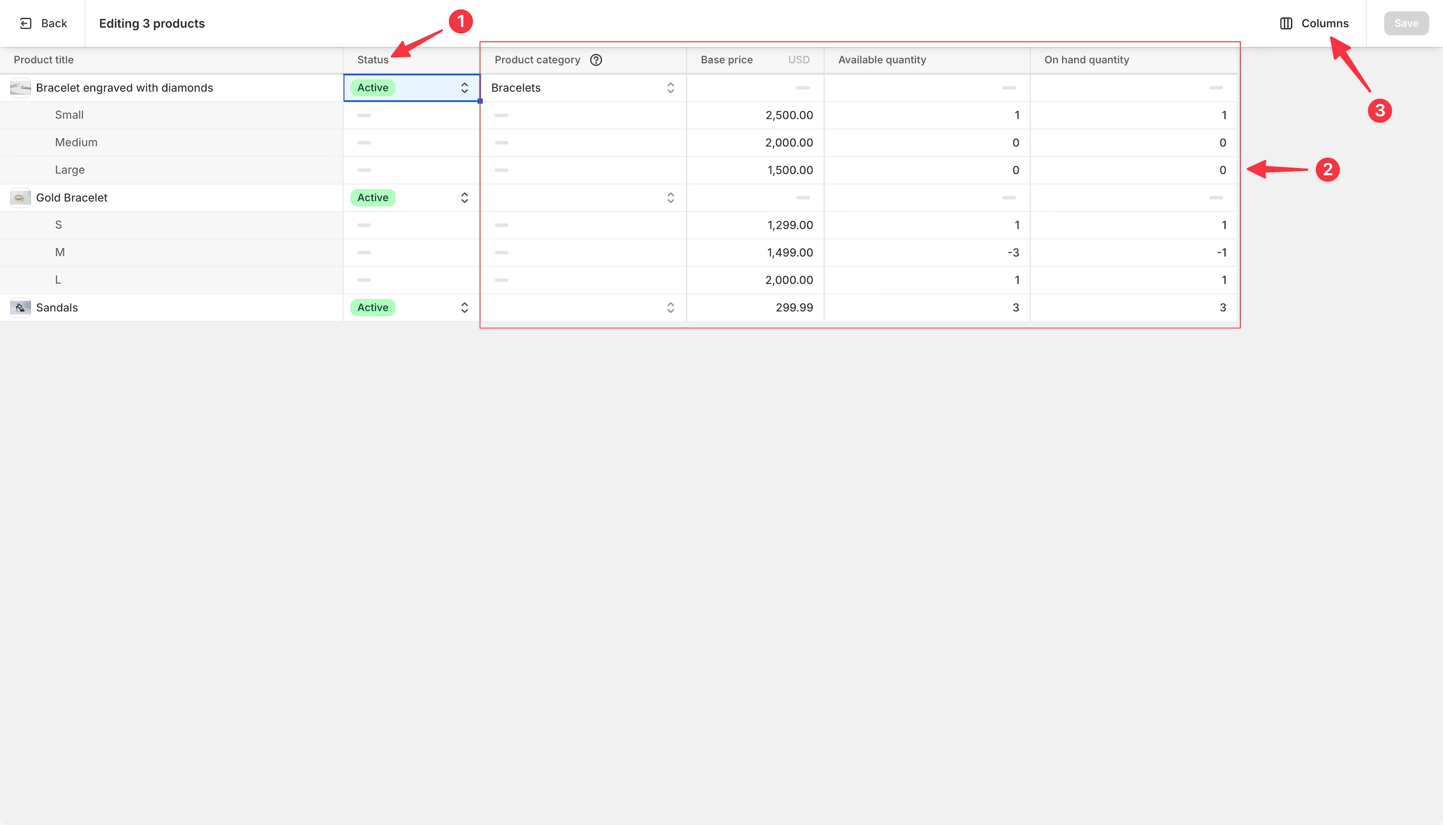 Multiple products in the bulk editor.