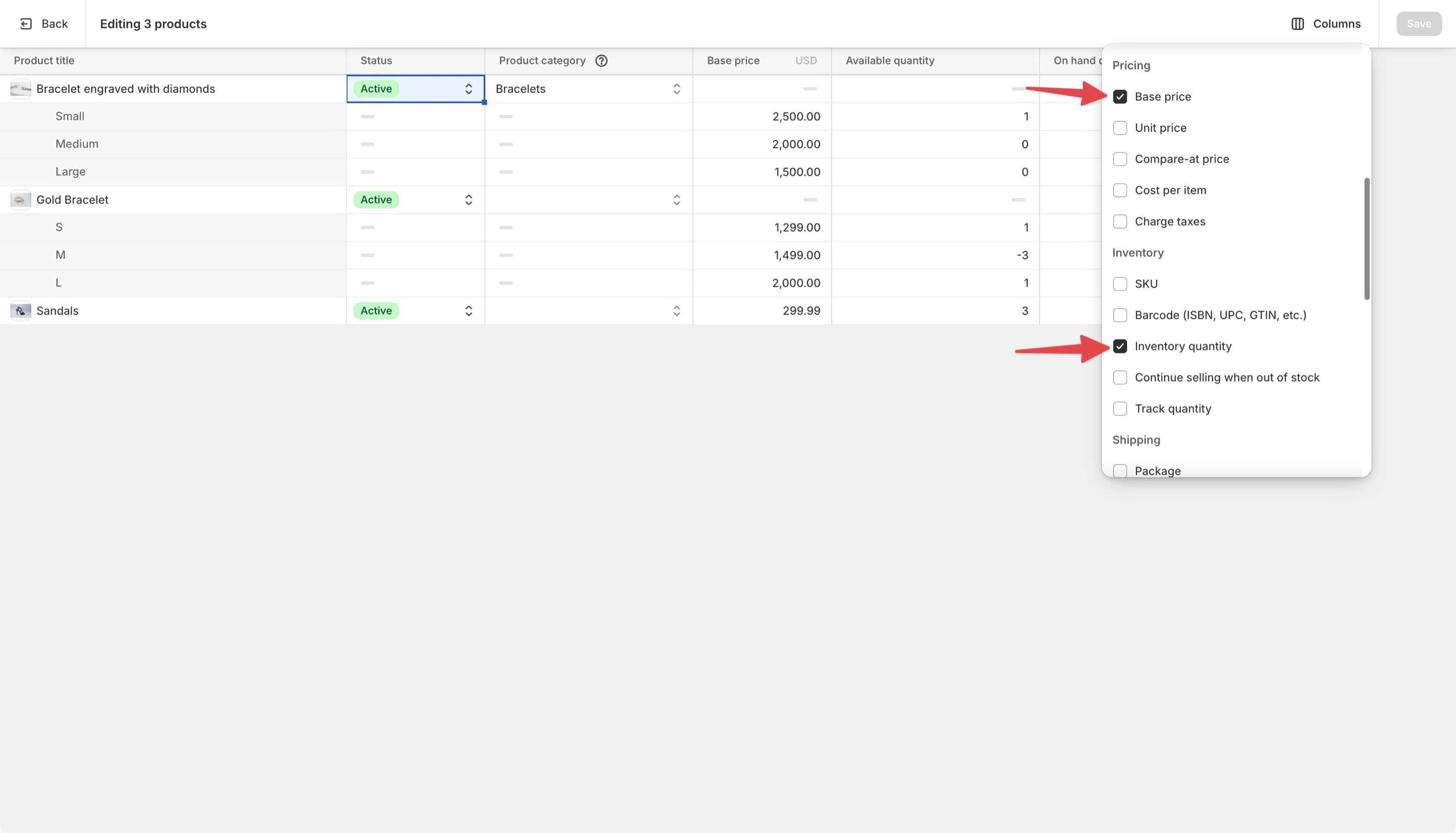 Bulk editor column selection to set up the workspace.