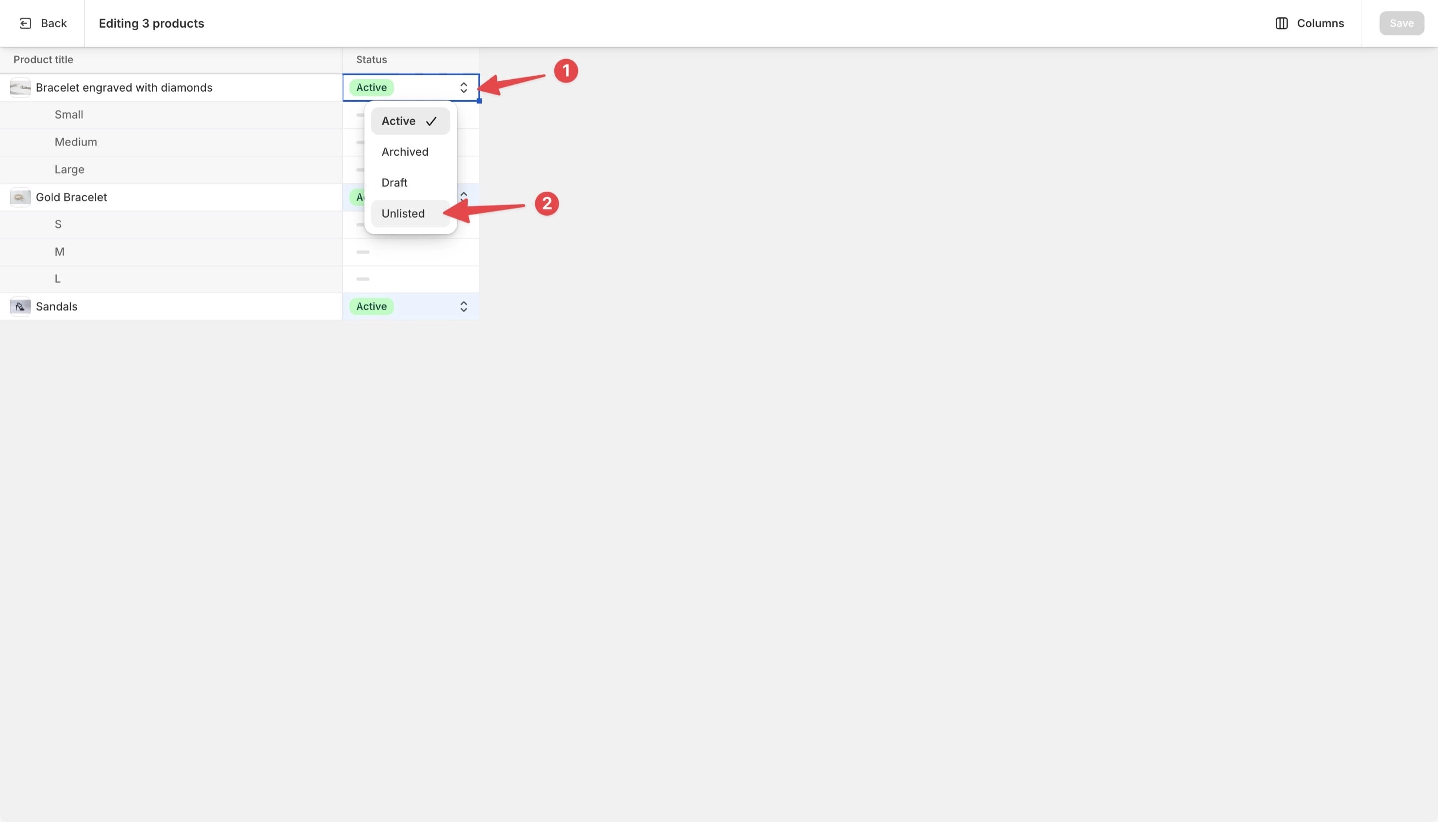 “Active” status changes to “Unlisted” in the Status column for all values in all rows.