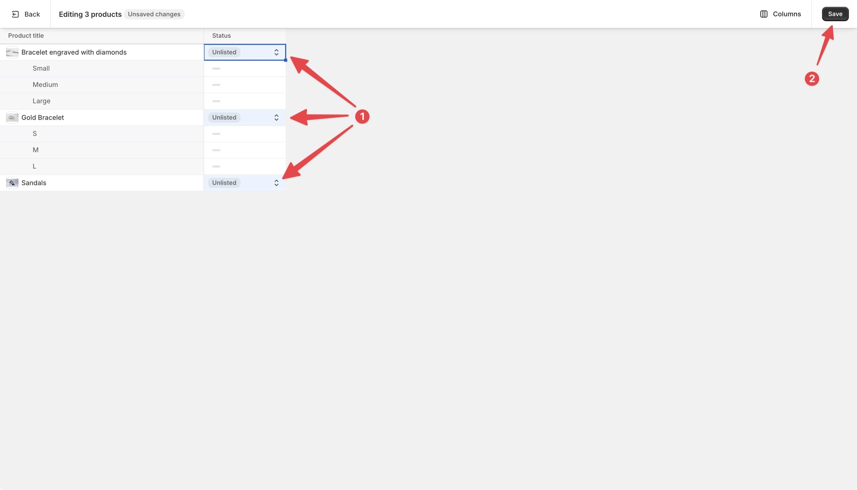 “Unlisted” status changed for all rows in one edit.