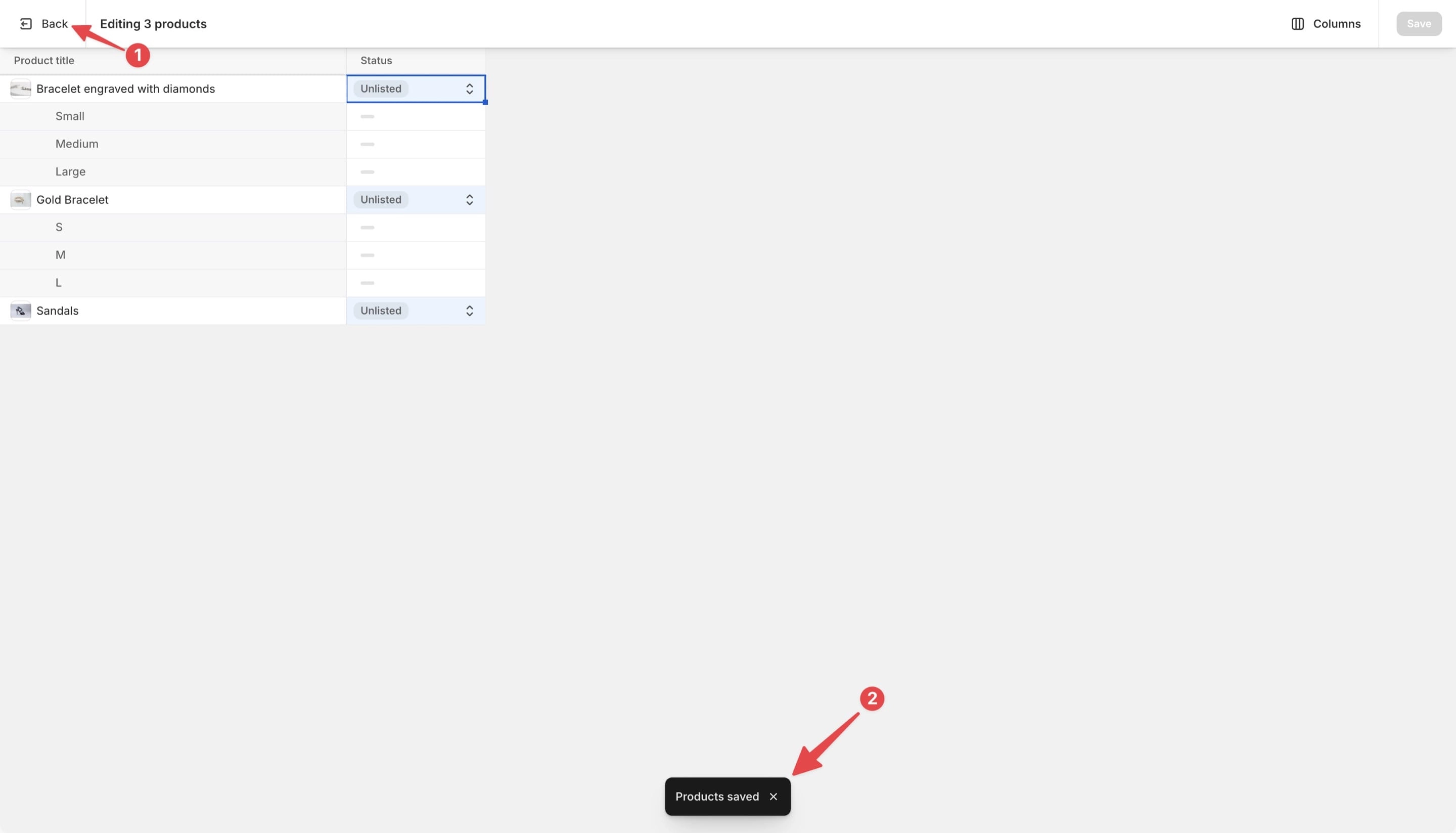 The new “Unlisted” status is saved for all products in the bulk editor.