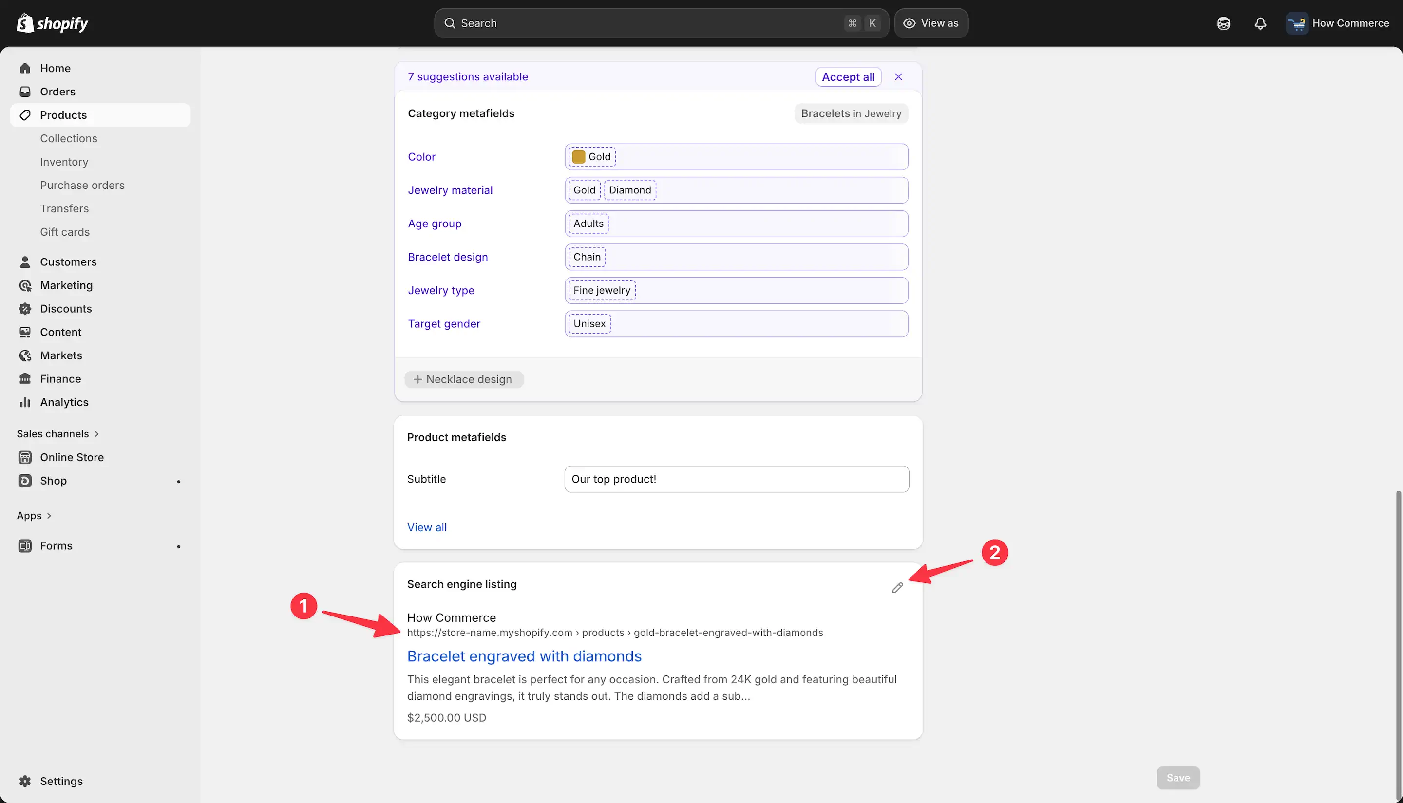 Shopify Search engine listing section showing product URL