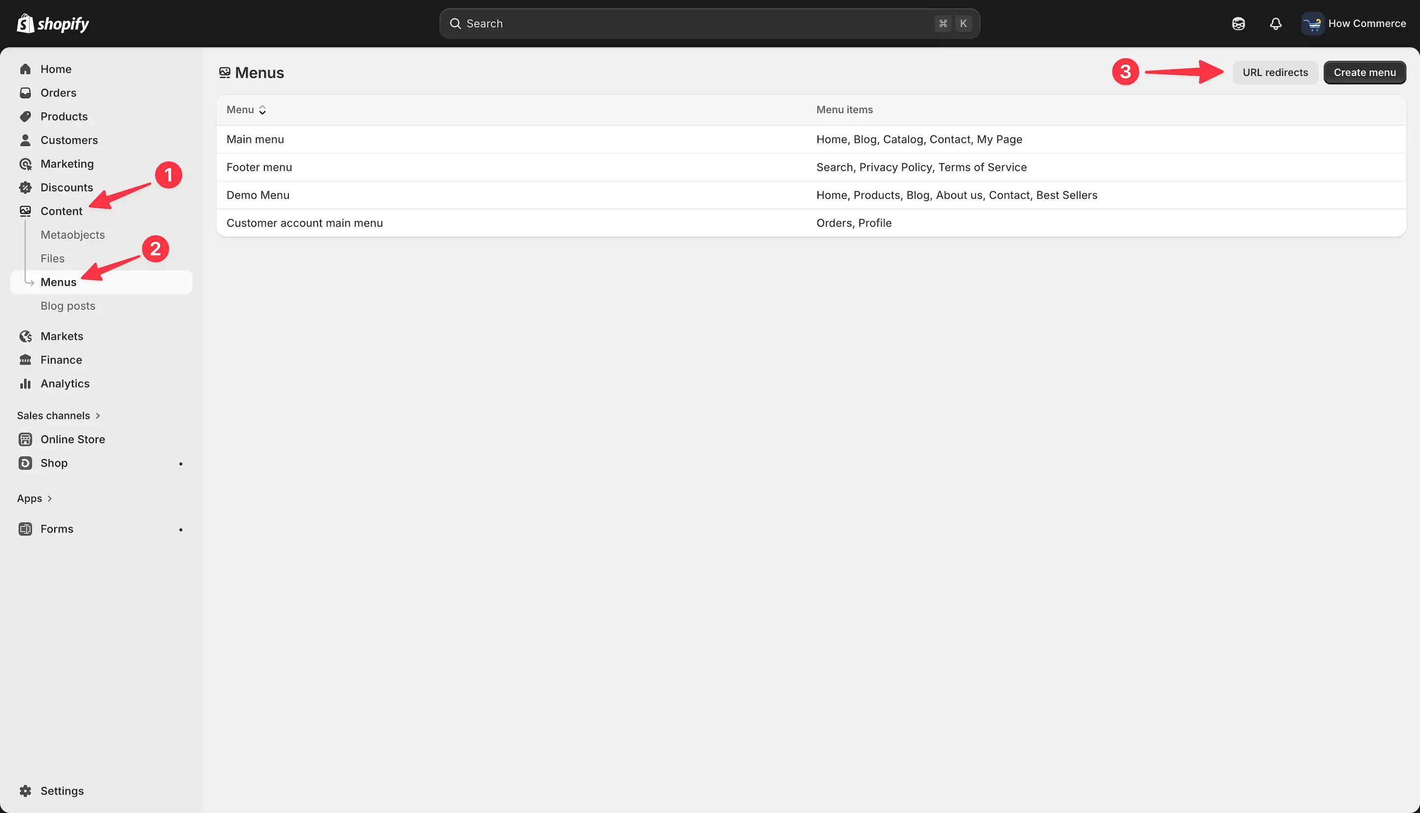 Shopify Content menu showing Menus and URL redirects option