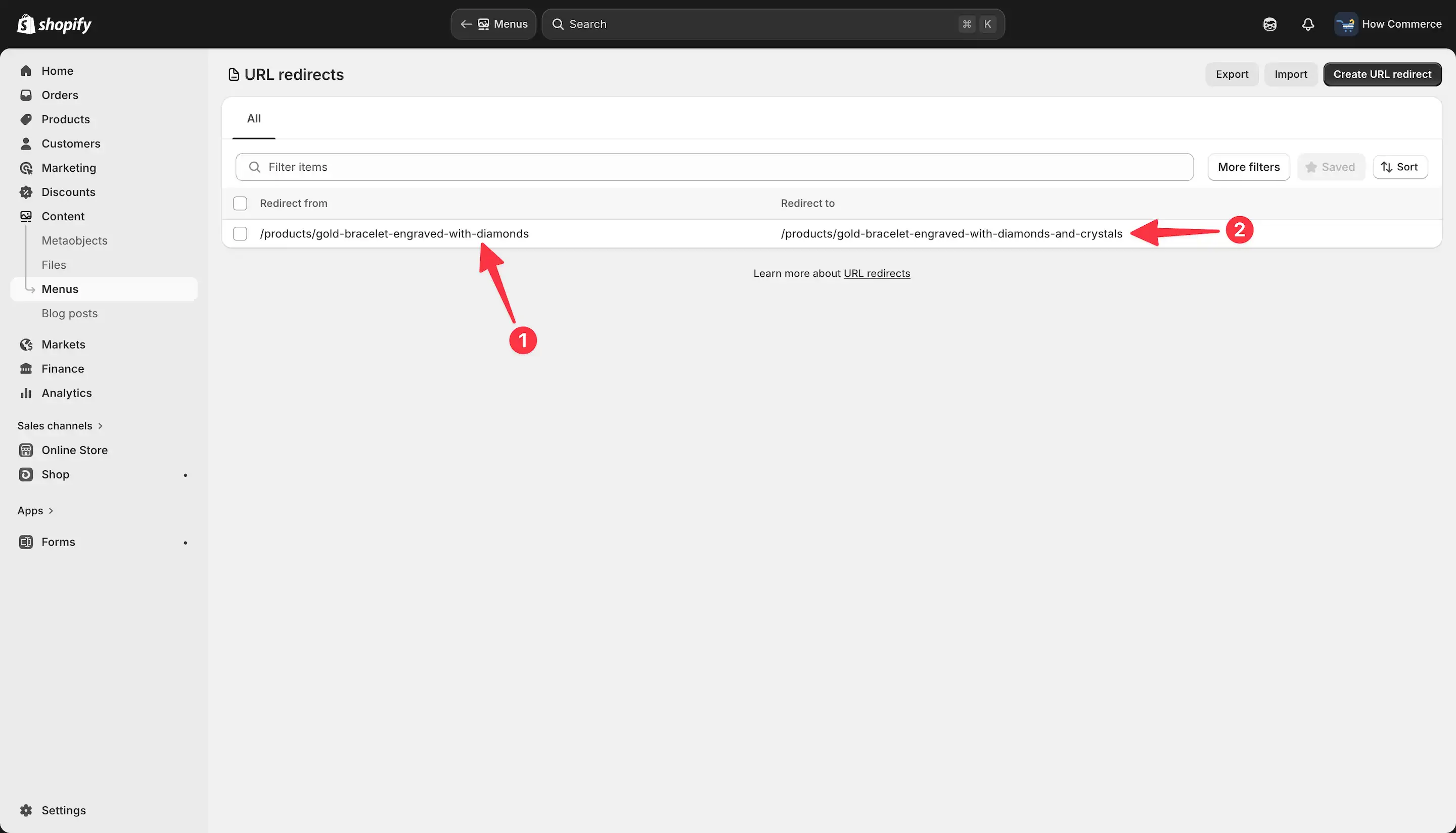 URL redirects listing page in Shopify showing old and new URLs