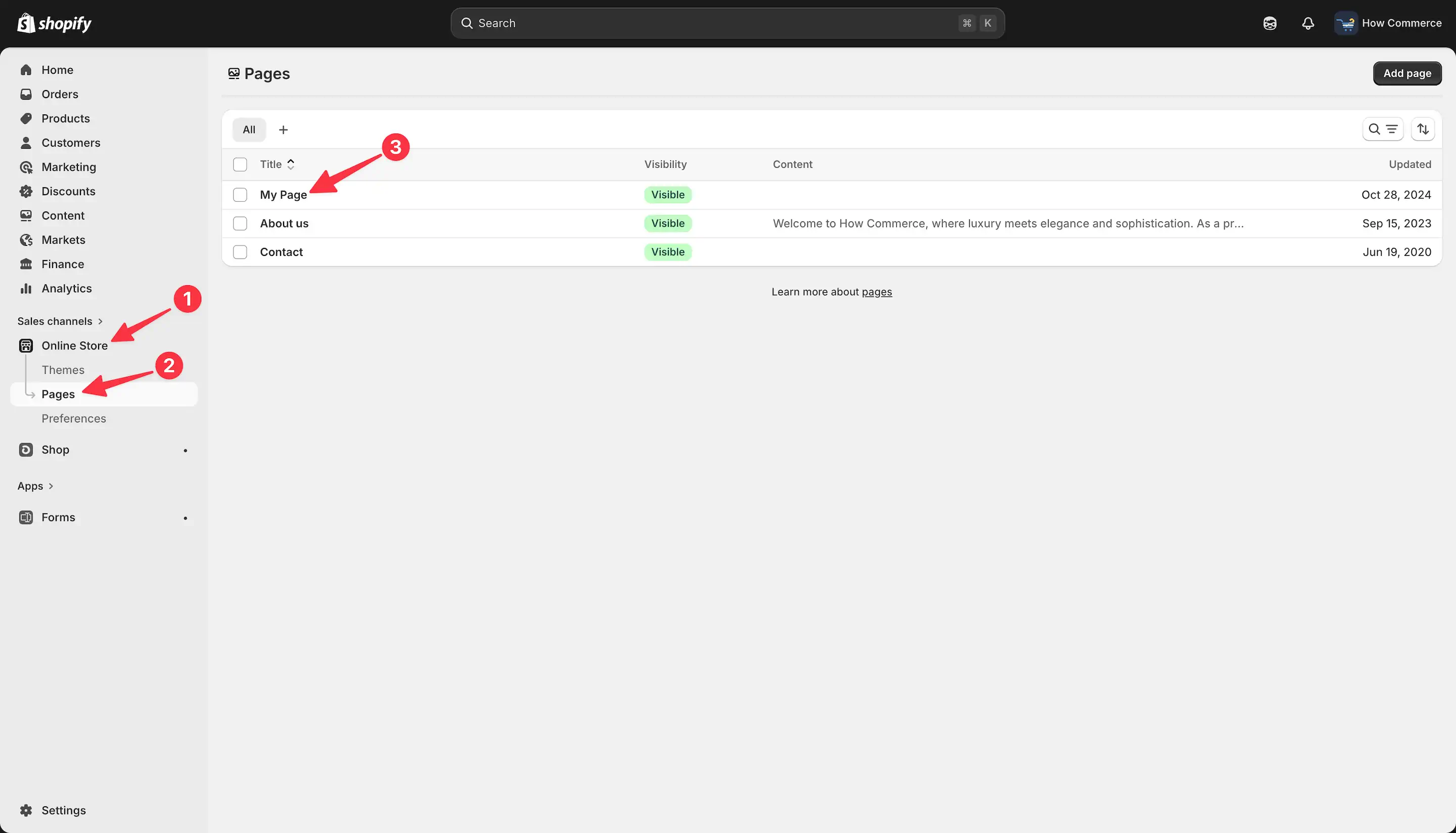 Shopify Pages listing page