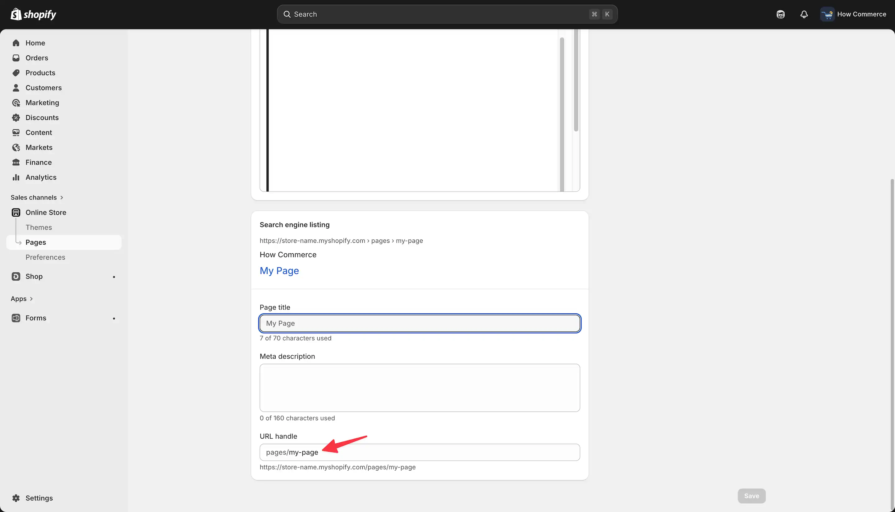 Page URL handle editing panel in Shopify