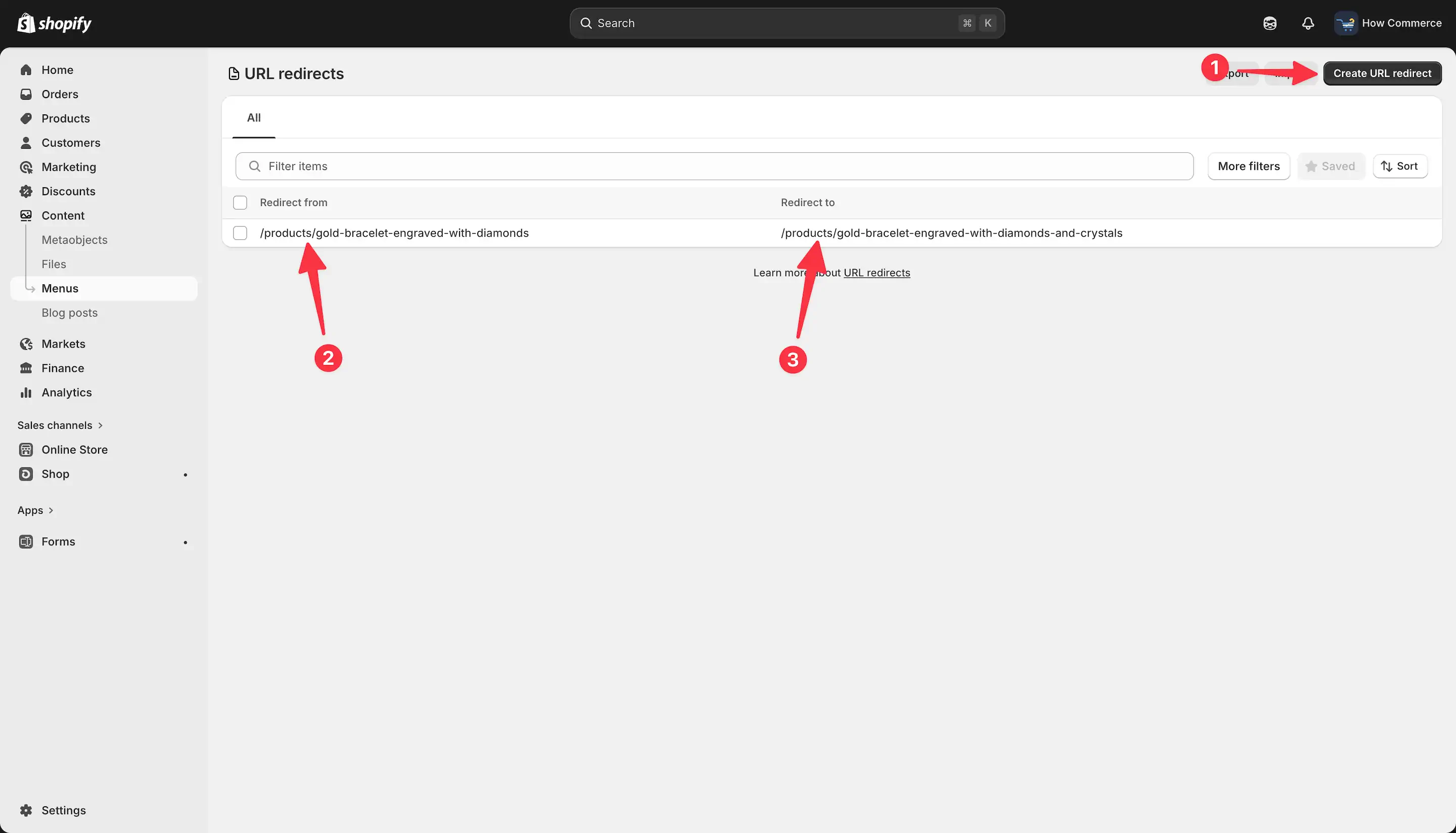 URL redirects listing page with Redirect from and Redirect to fields