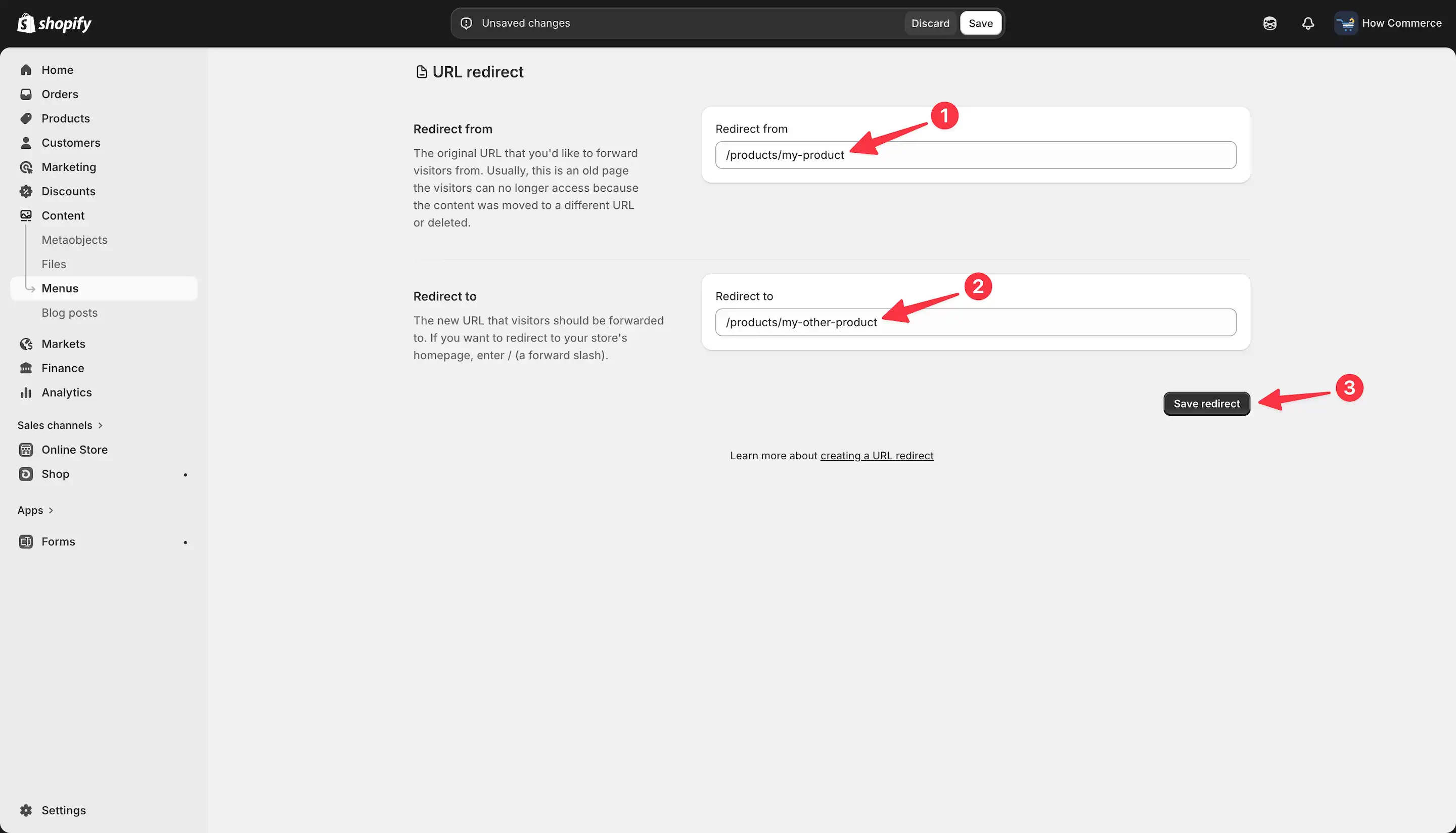 URL redirect form showing Redirect from and Redirect to input fields