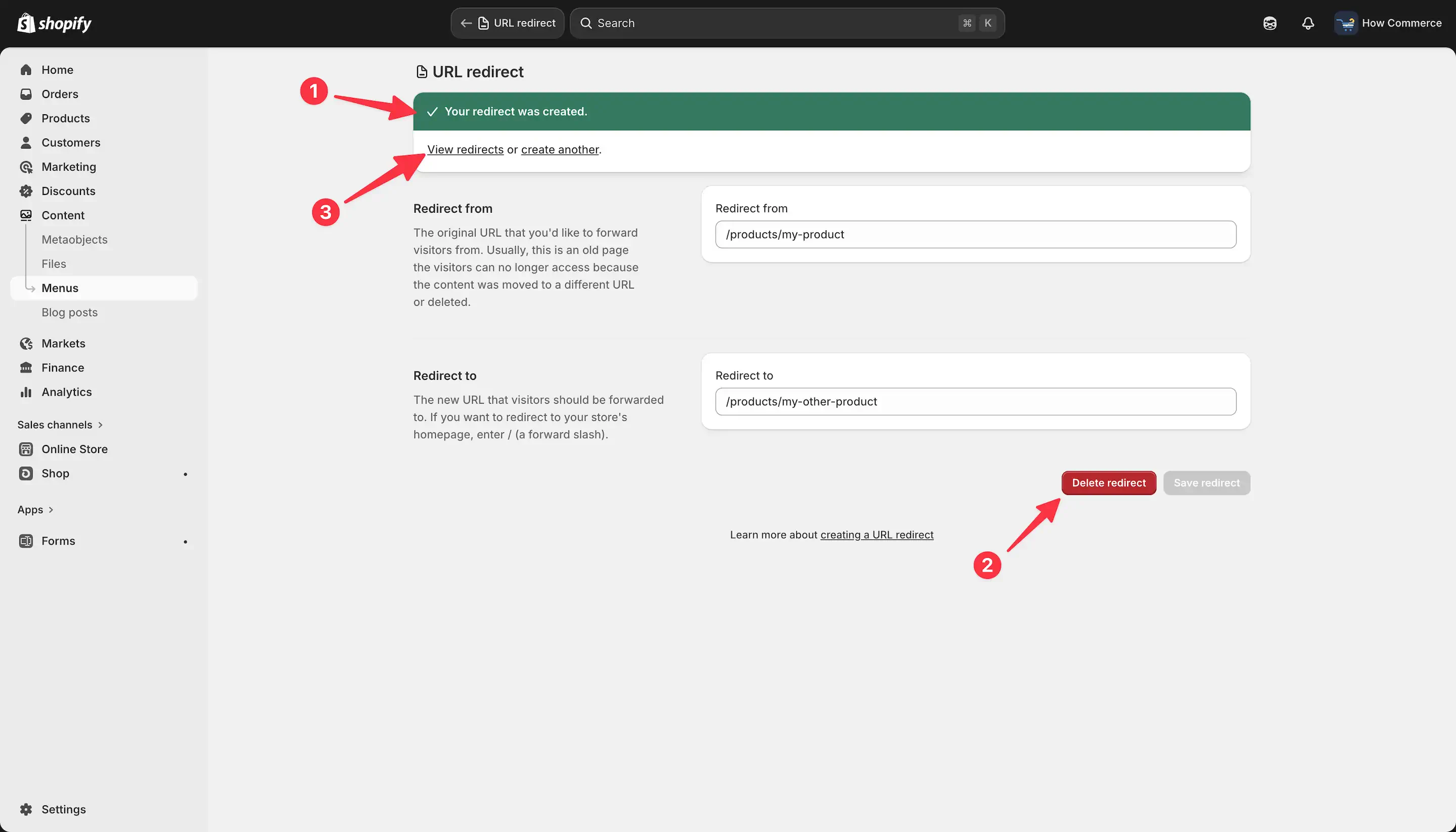 Success message after creating URL redirect in Shopify