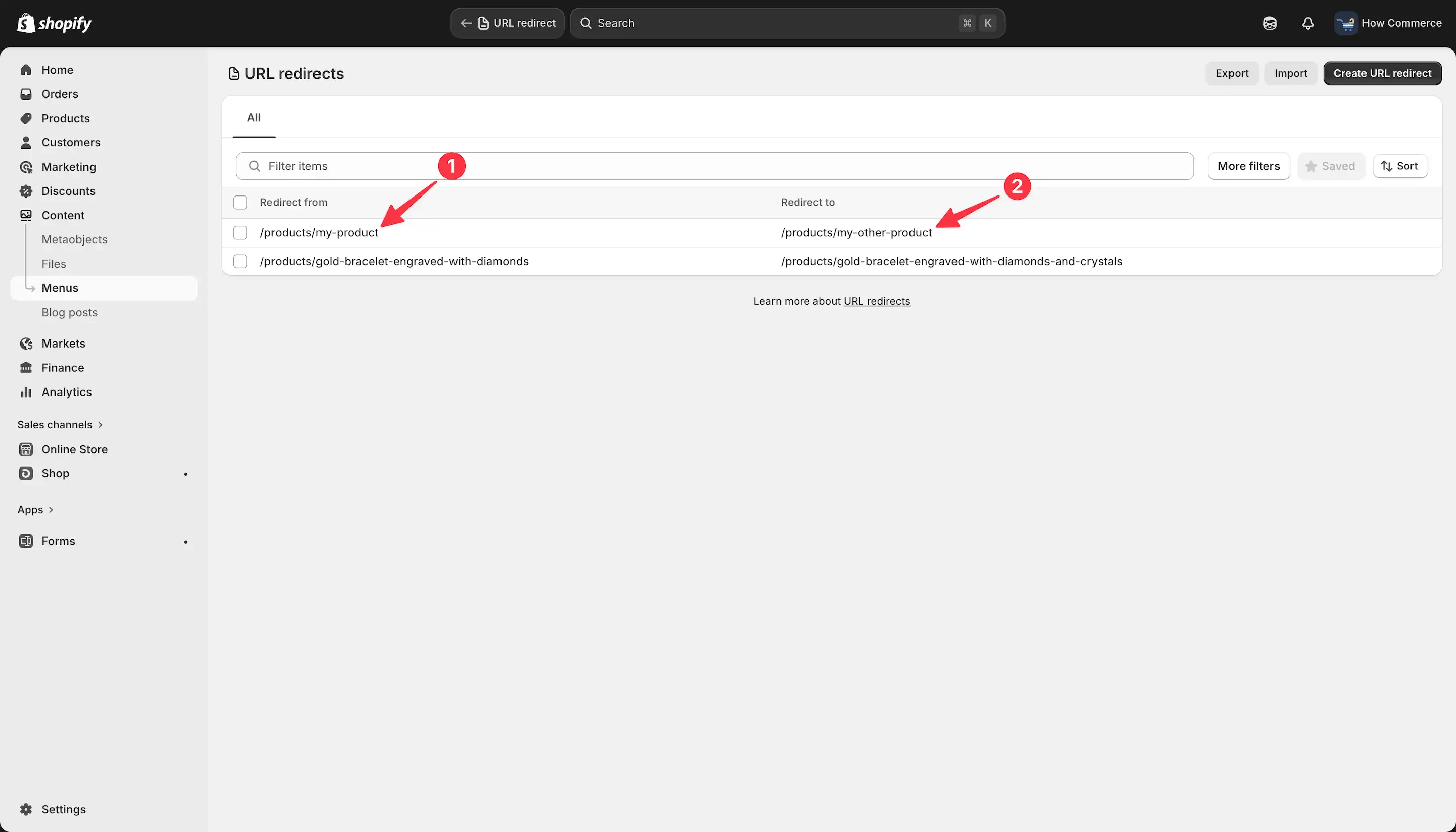 Newly created manual redirect displayed on URL redirects page