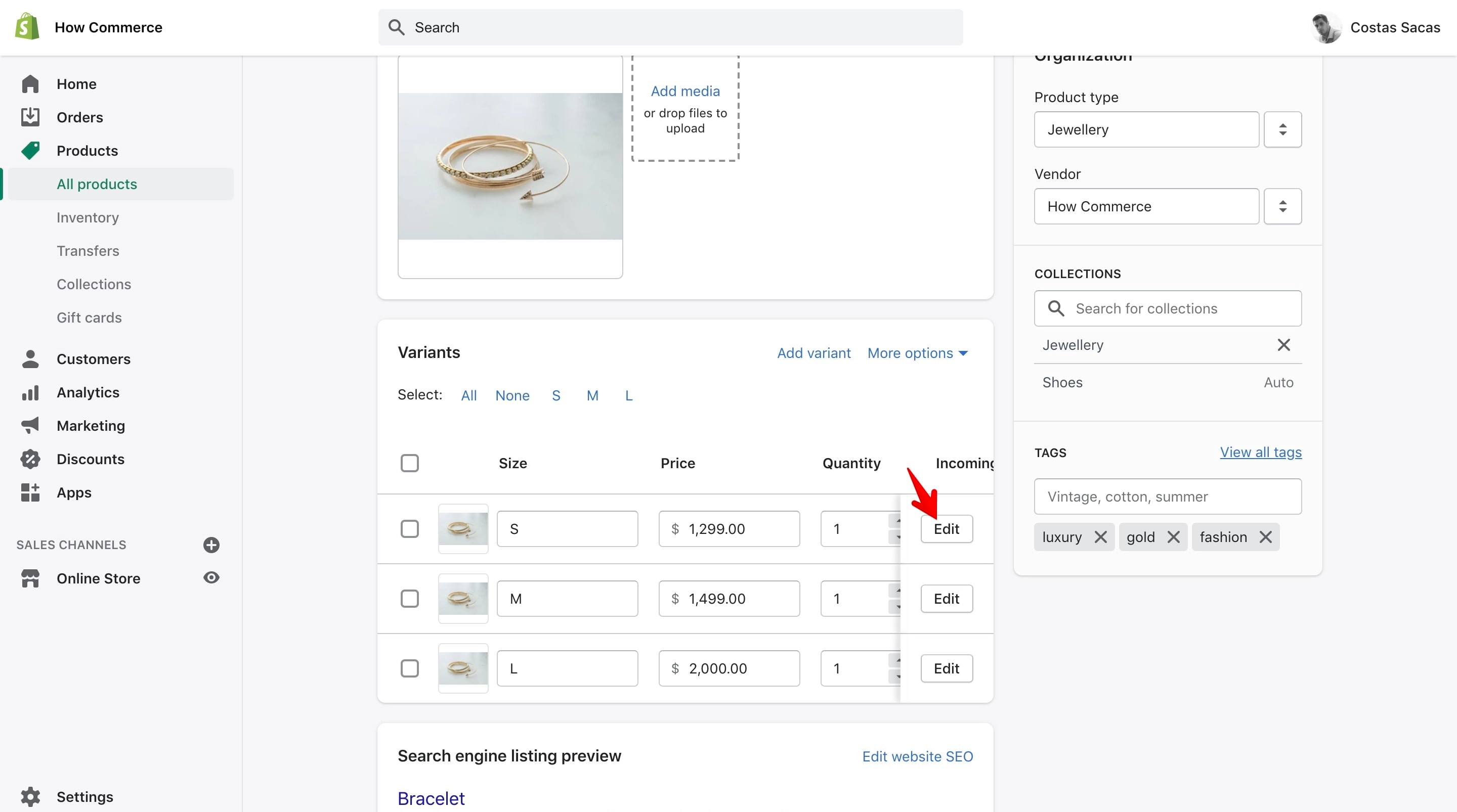 Shopify product edit page