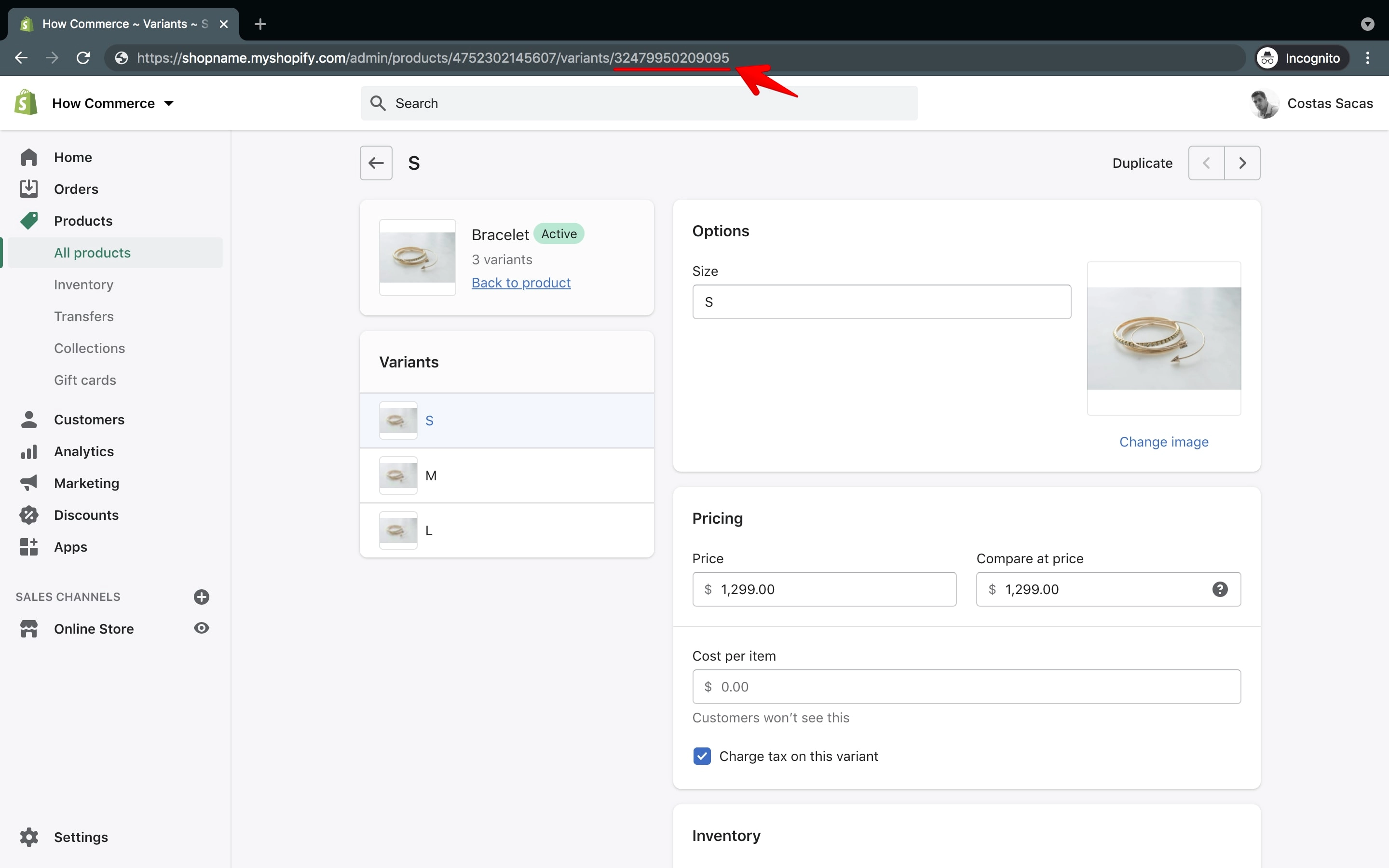 Shopify variant ID in the admin dashboard on the product edit page