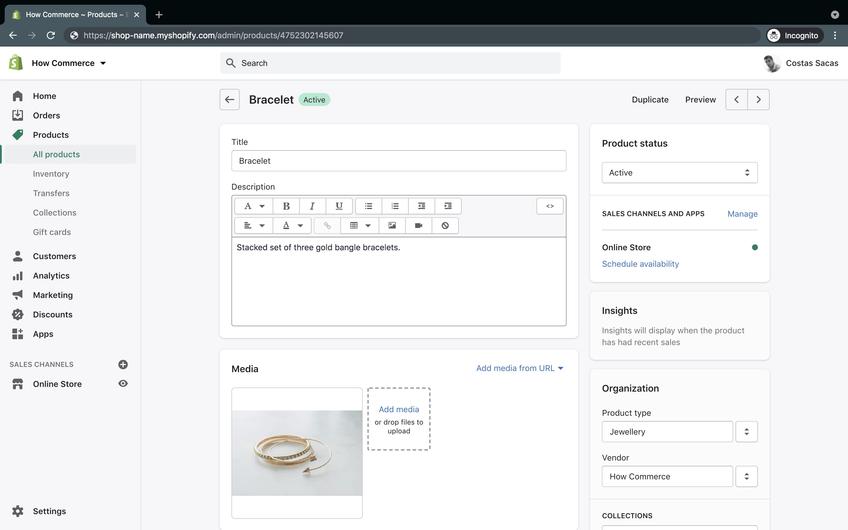 Shopify product edit page on the admin dashboard.