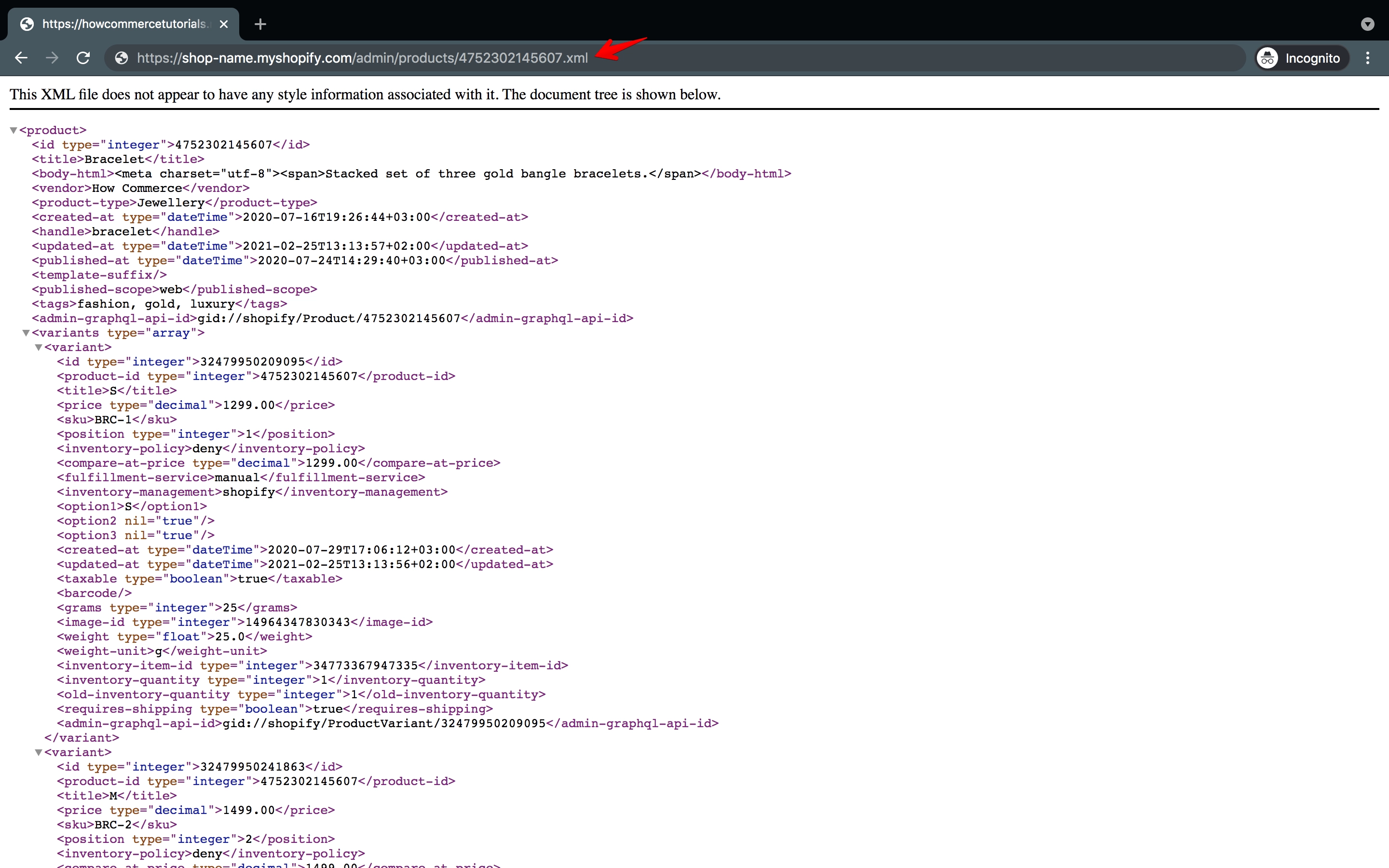 URL with the .xml extension appended