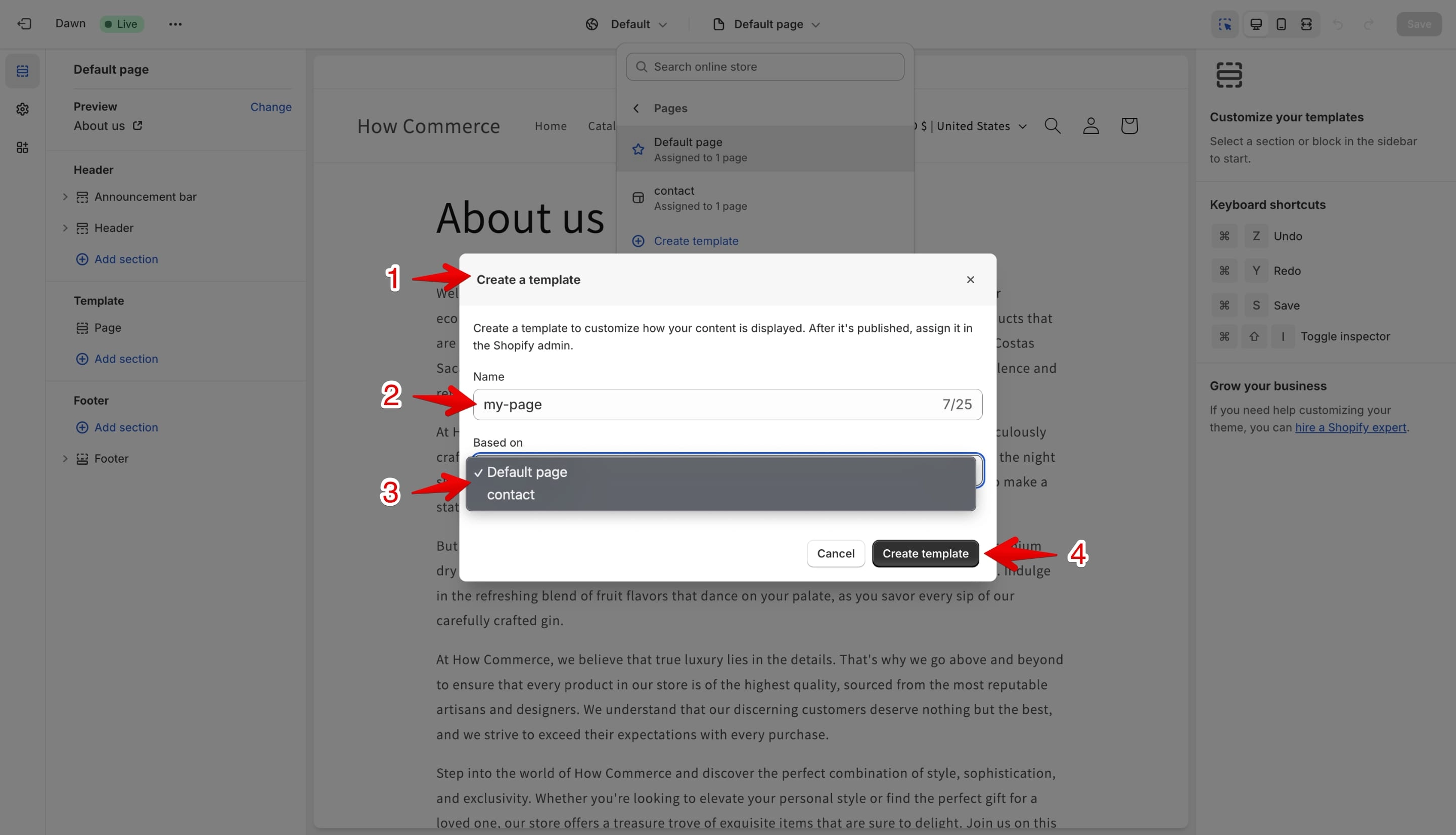Create a new Shopify template in the theme settings