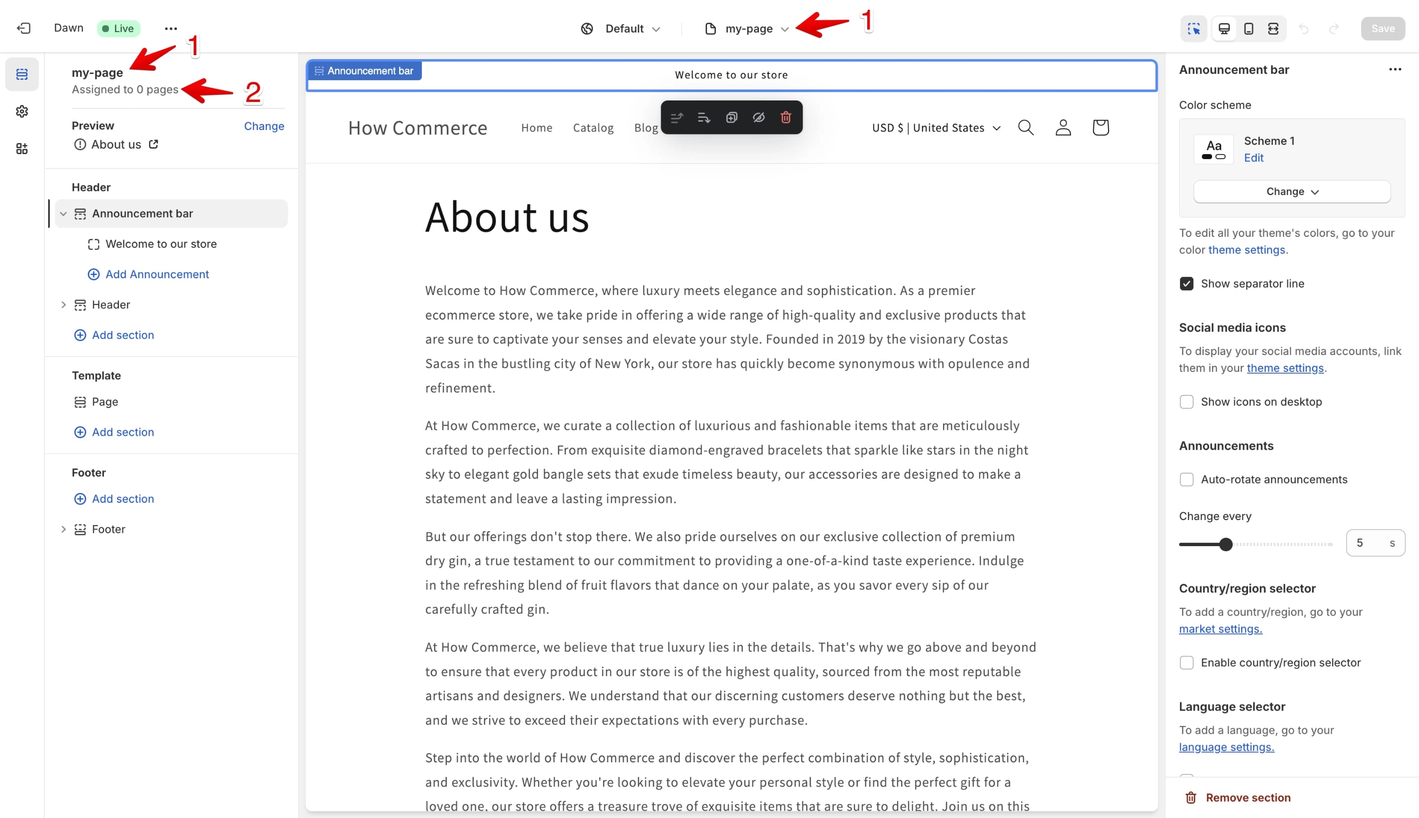 Shopify new page template created
