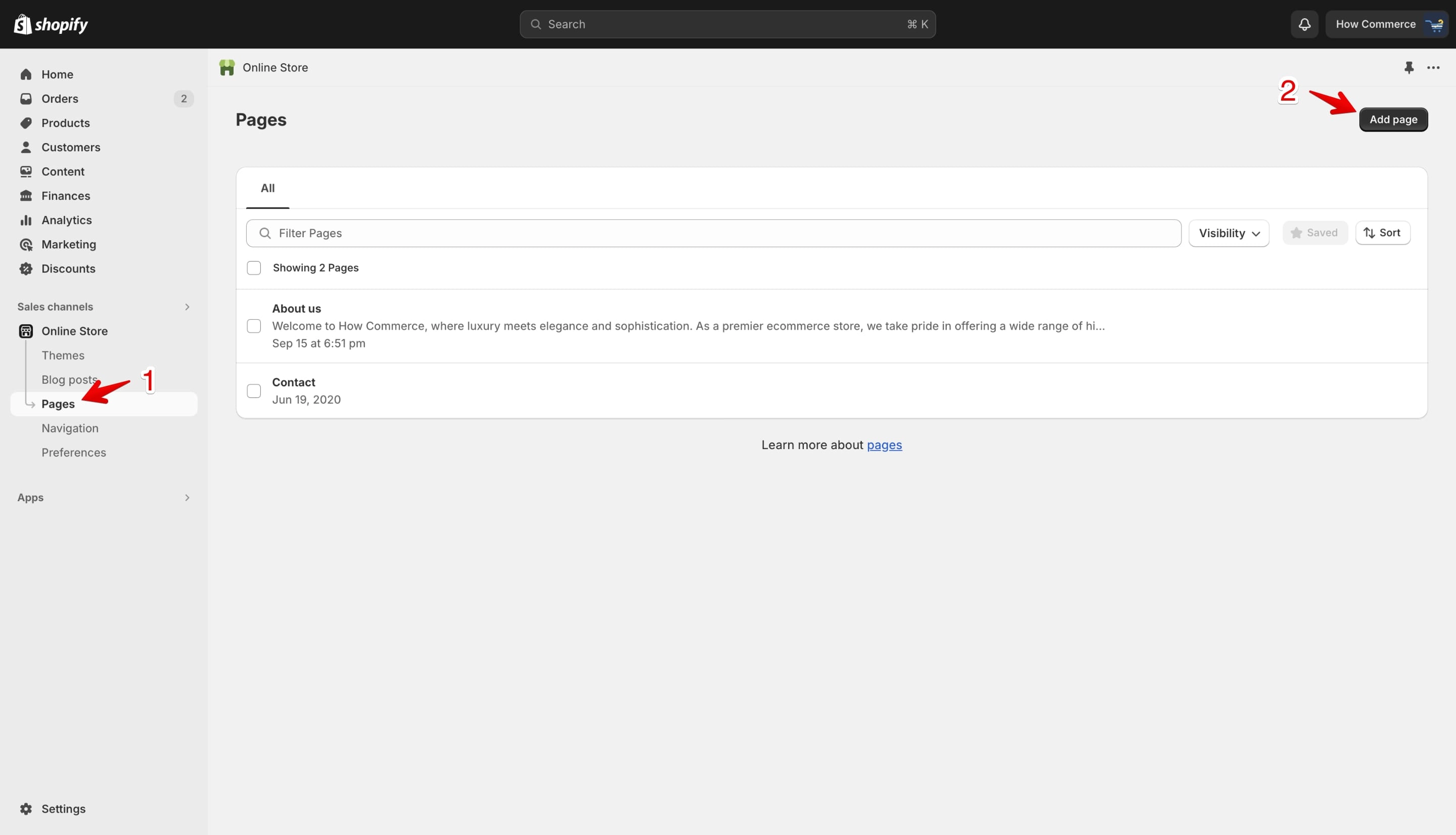 Shopify pages listing page