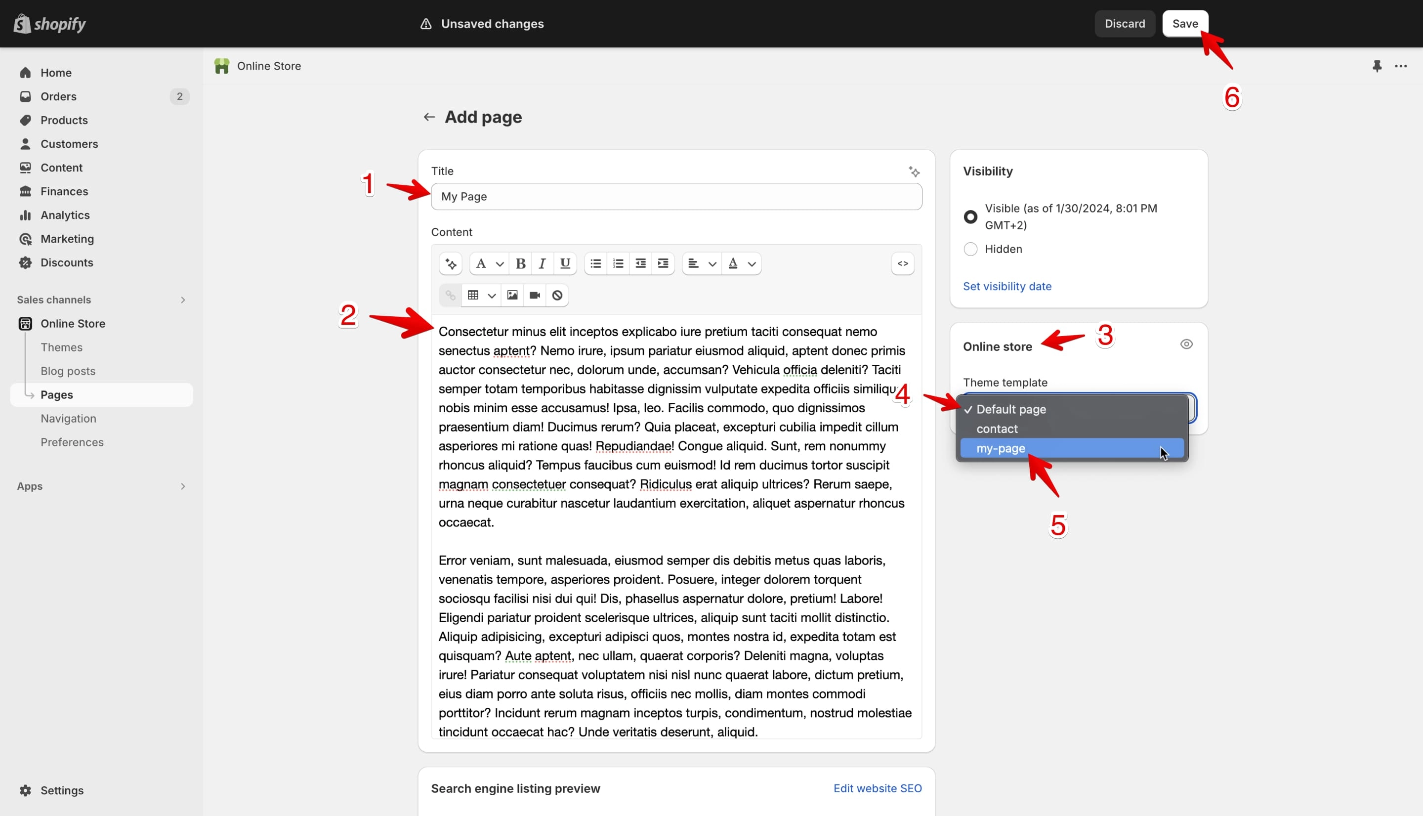 Shopify new page creation