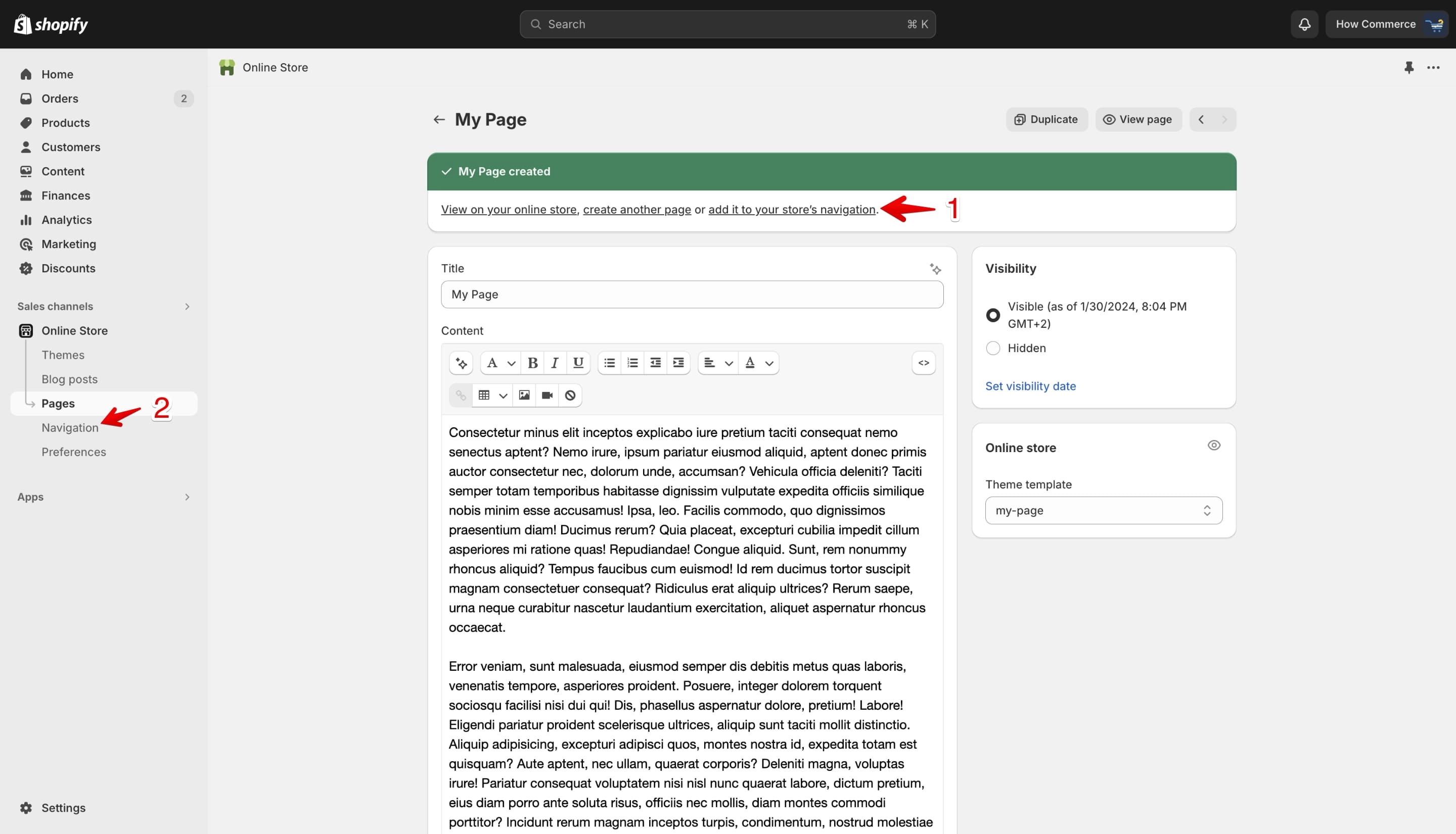 Add the new page to the Shopify navigation menu