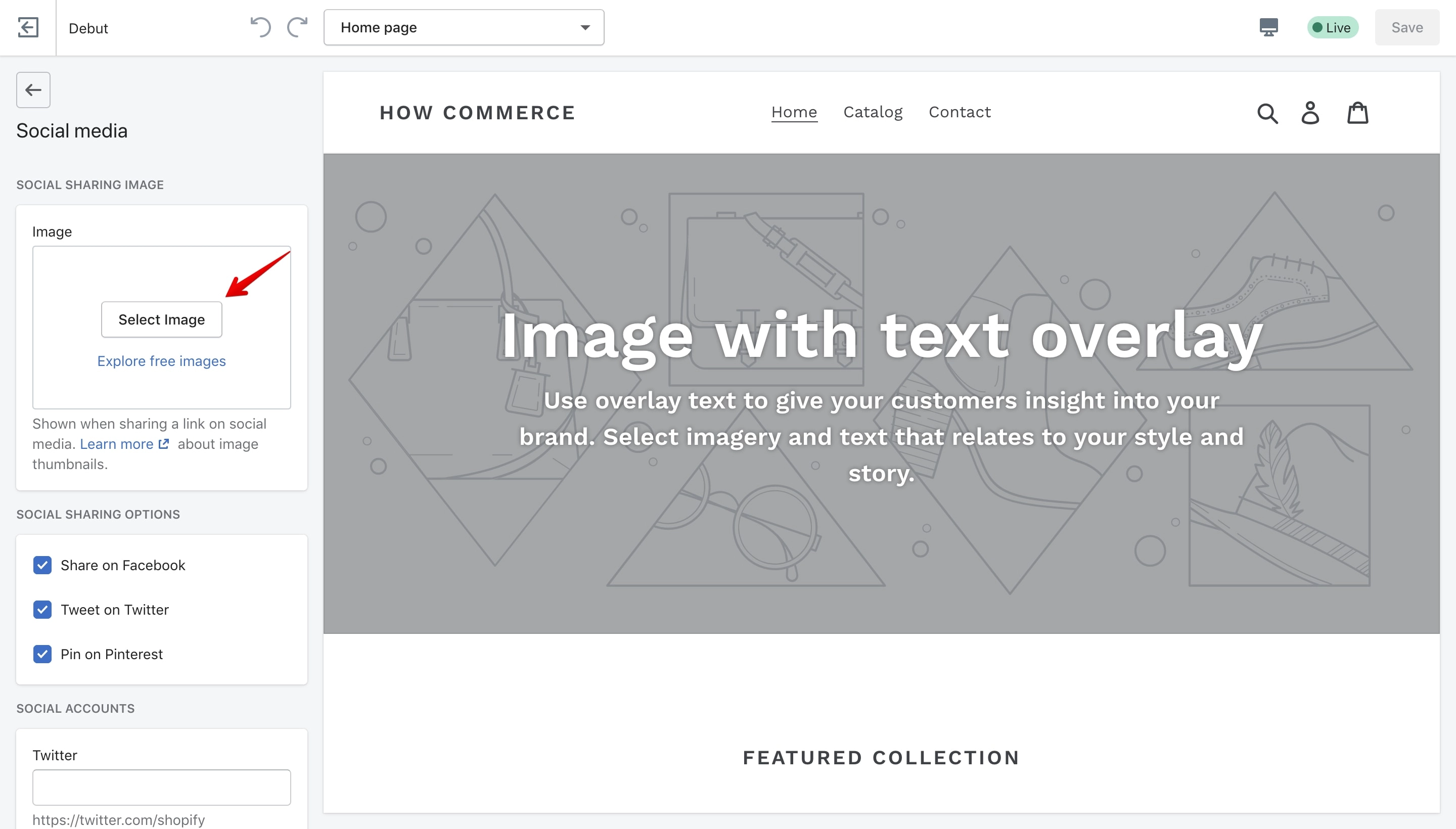 Debut theme select social sharing image button