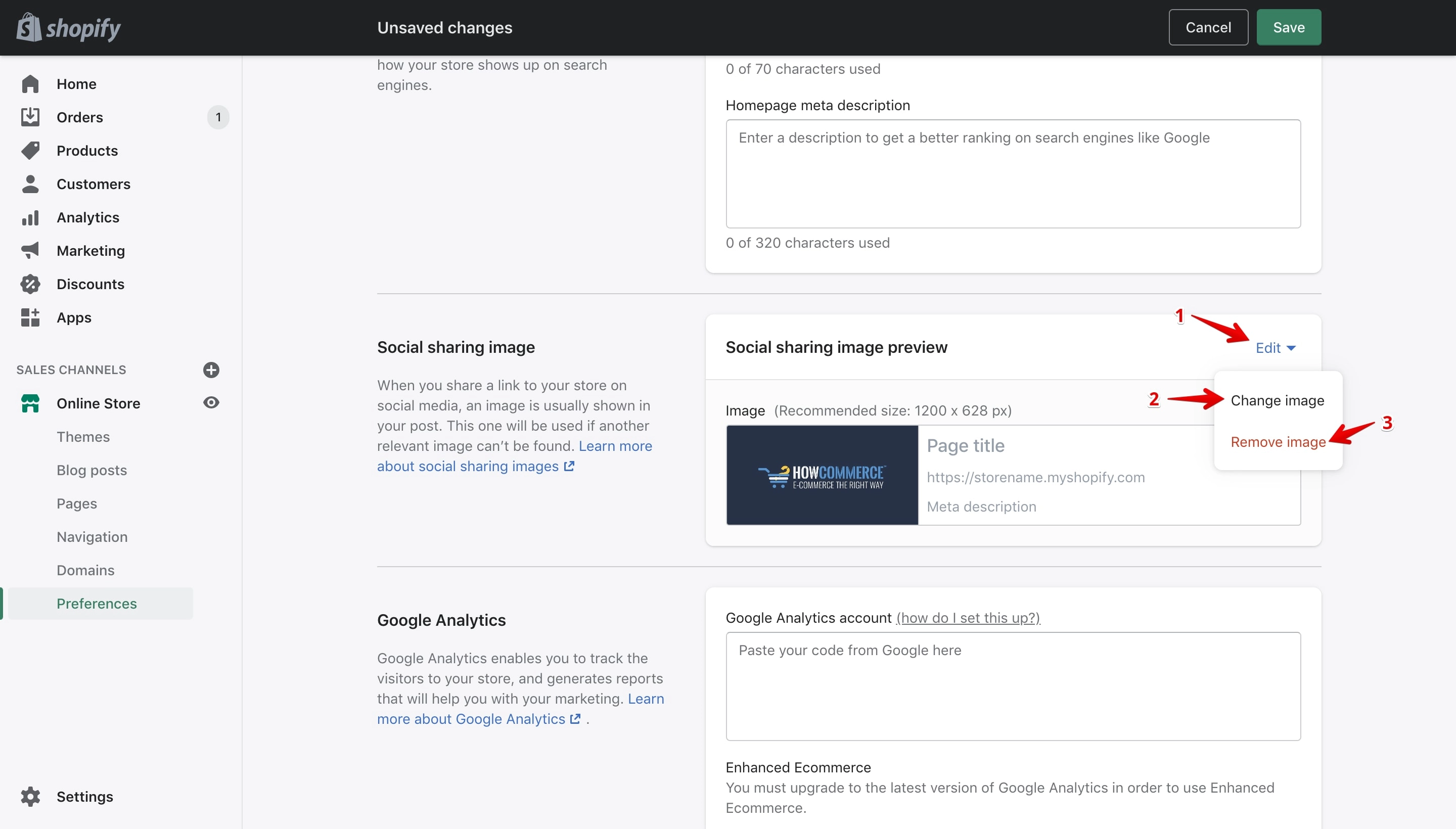 Shopify social sharing image edit and remove options