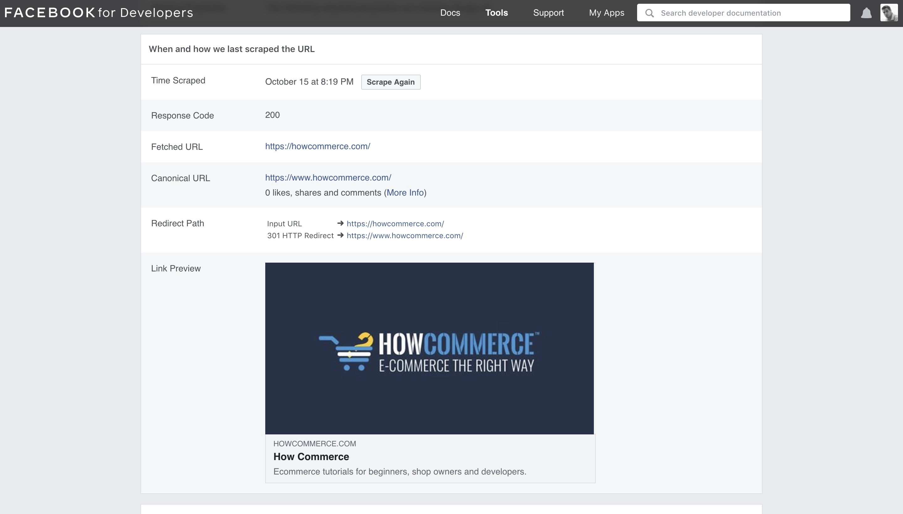 Facebook Sharing Debugger listing the website's new social image