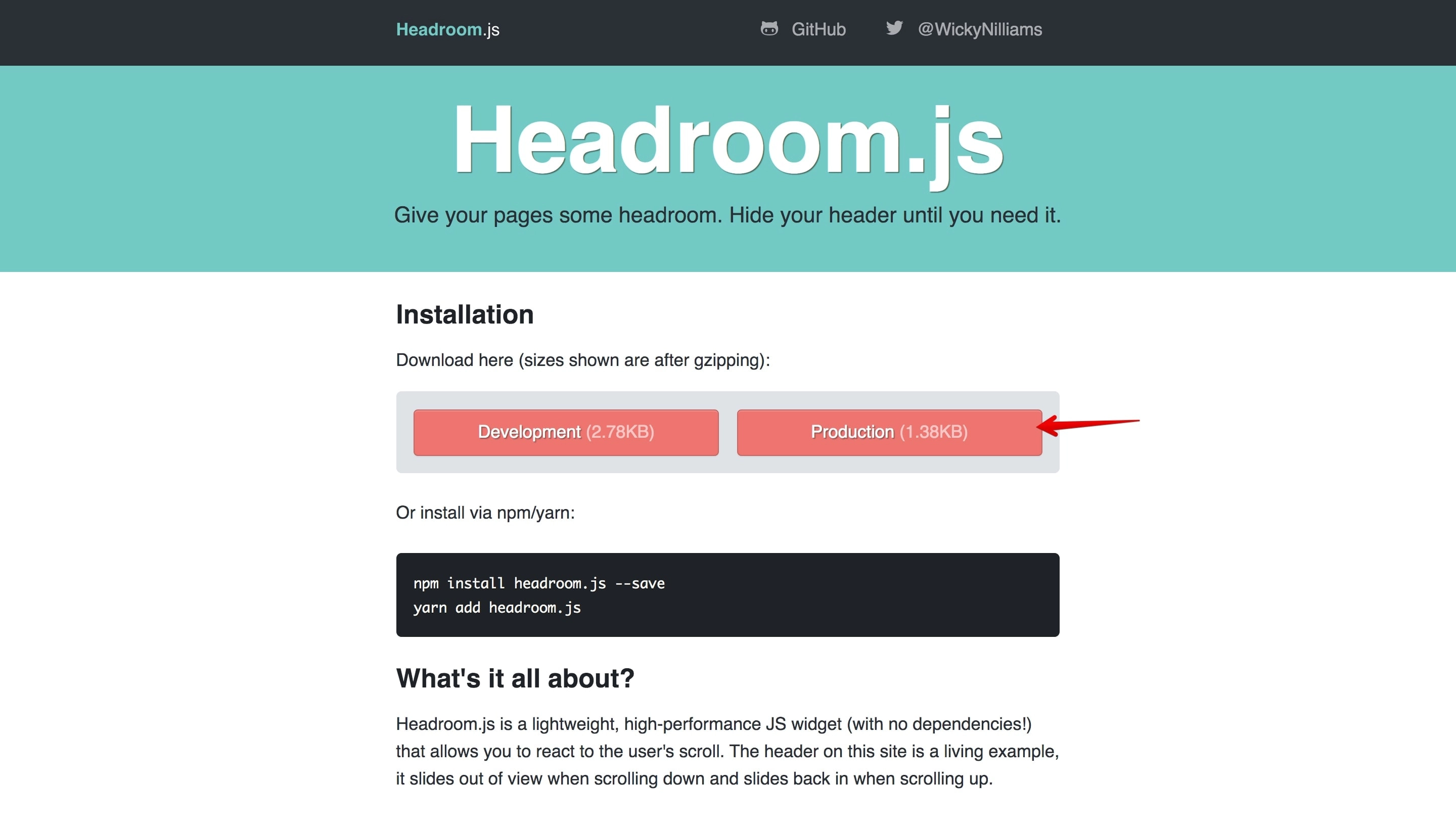 Headroom.js website. Production version download.