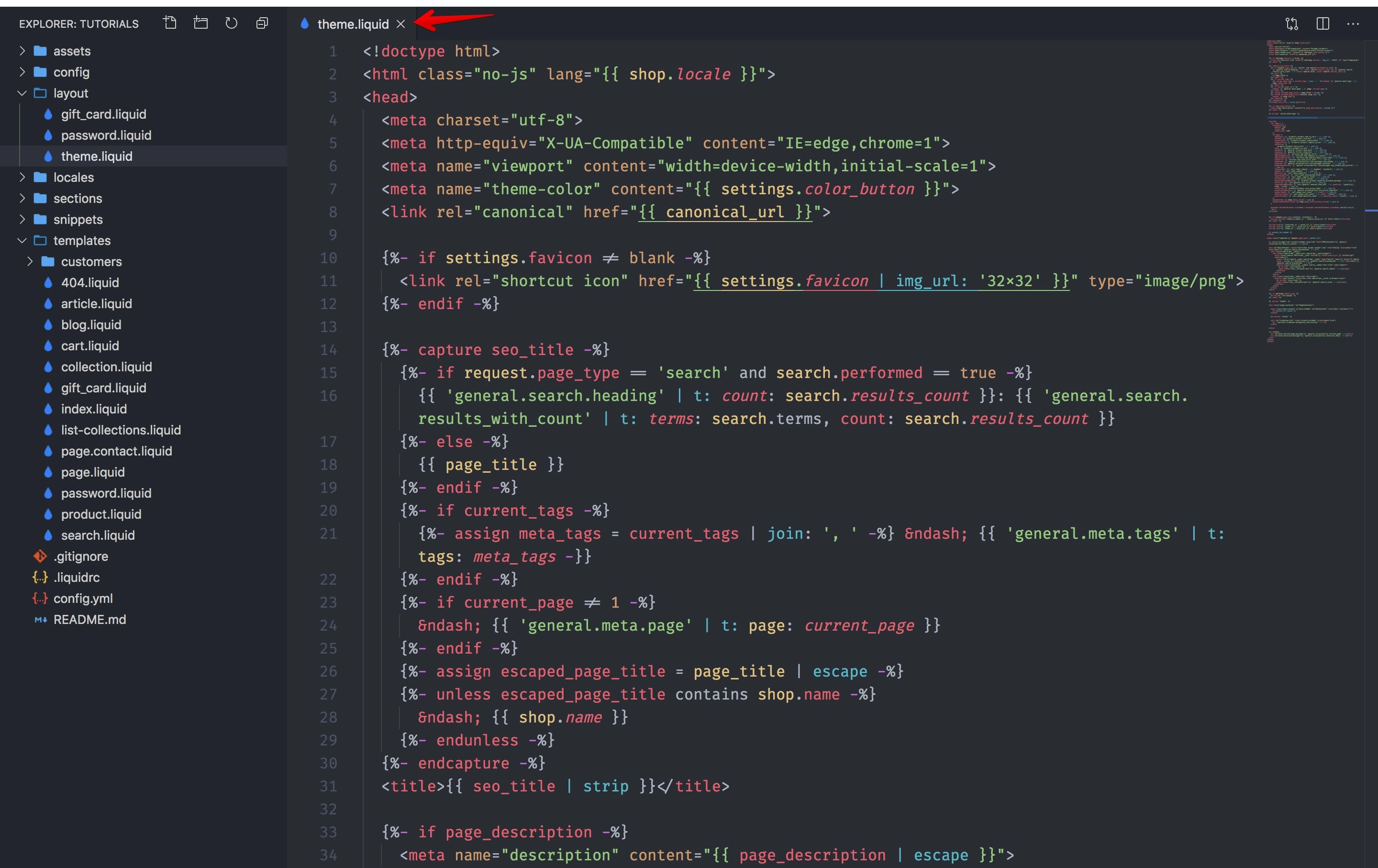 The theme.liquid file opened.