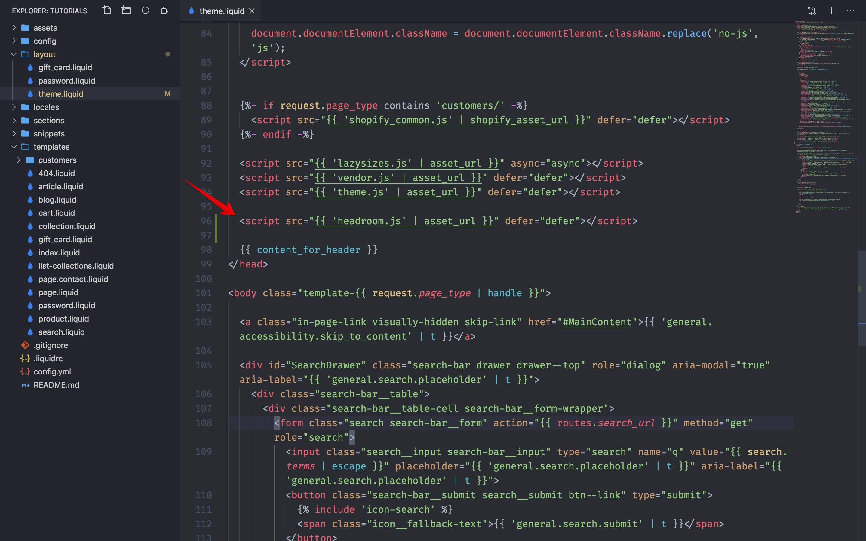 Headroom.js script added to the theme.liquid file.