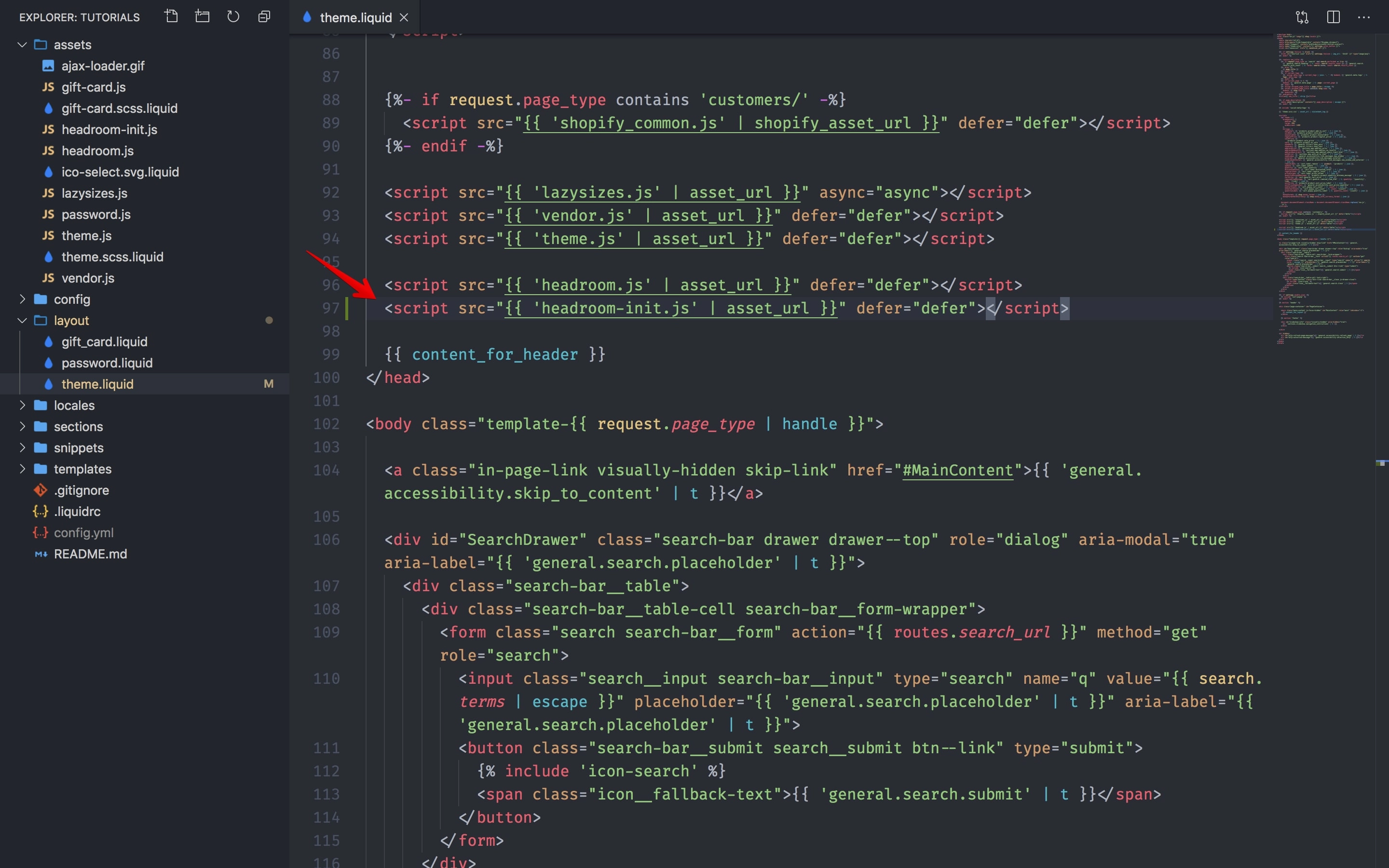 The headroom-init.js file inclusion in theme.liquid.