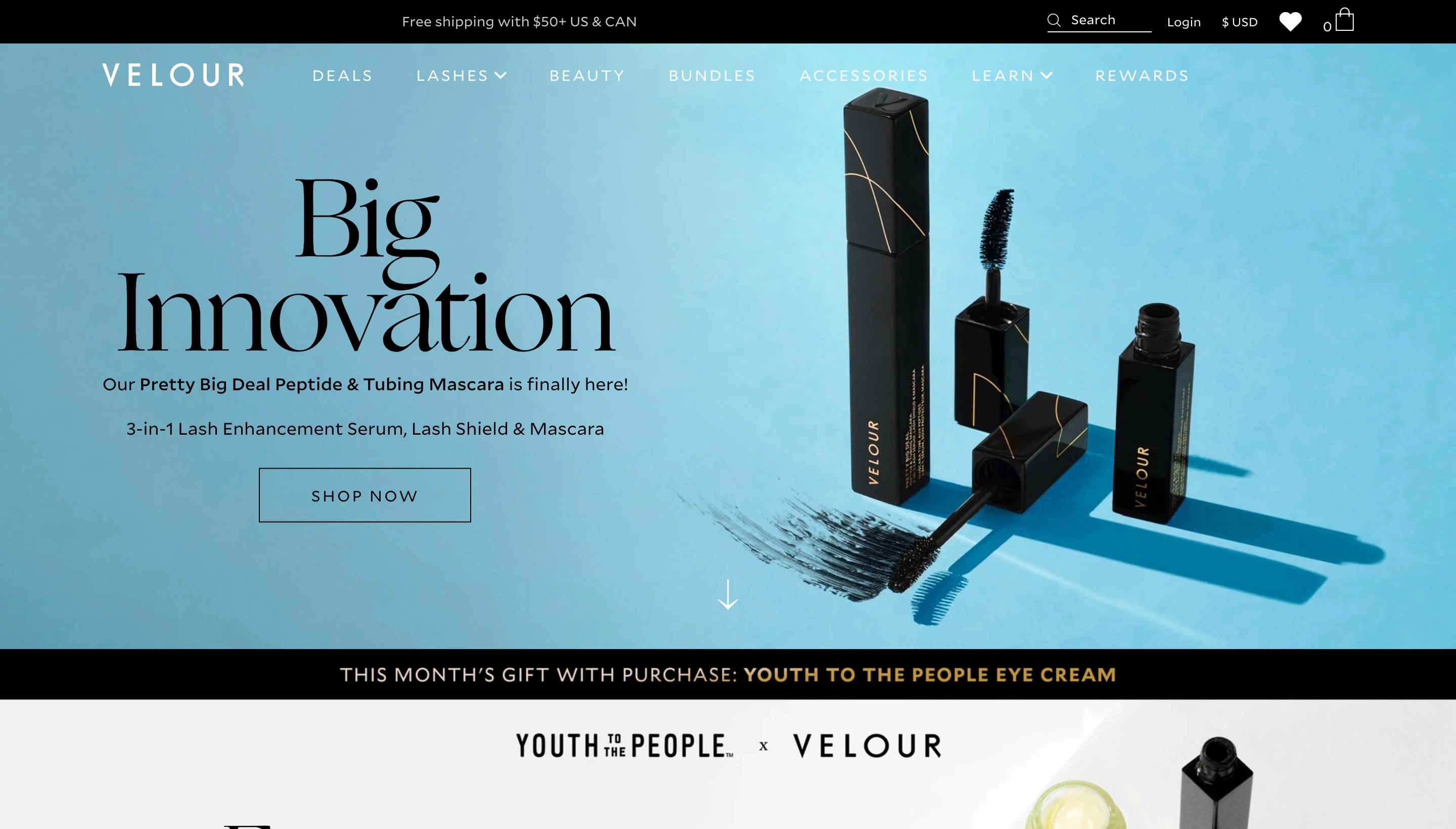 Velour Lashes Shopify store screenshot