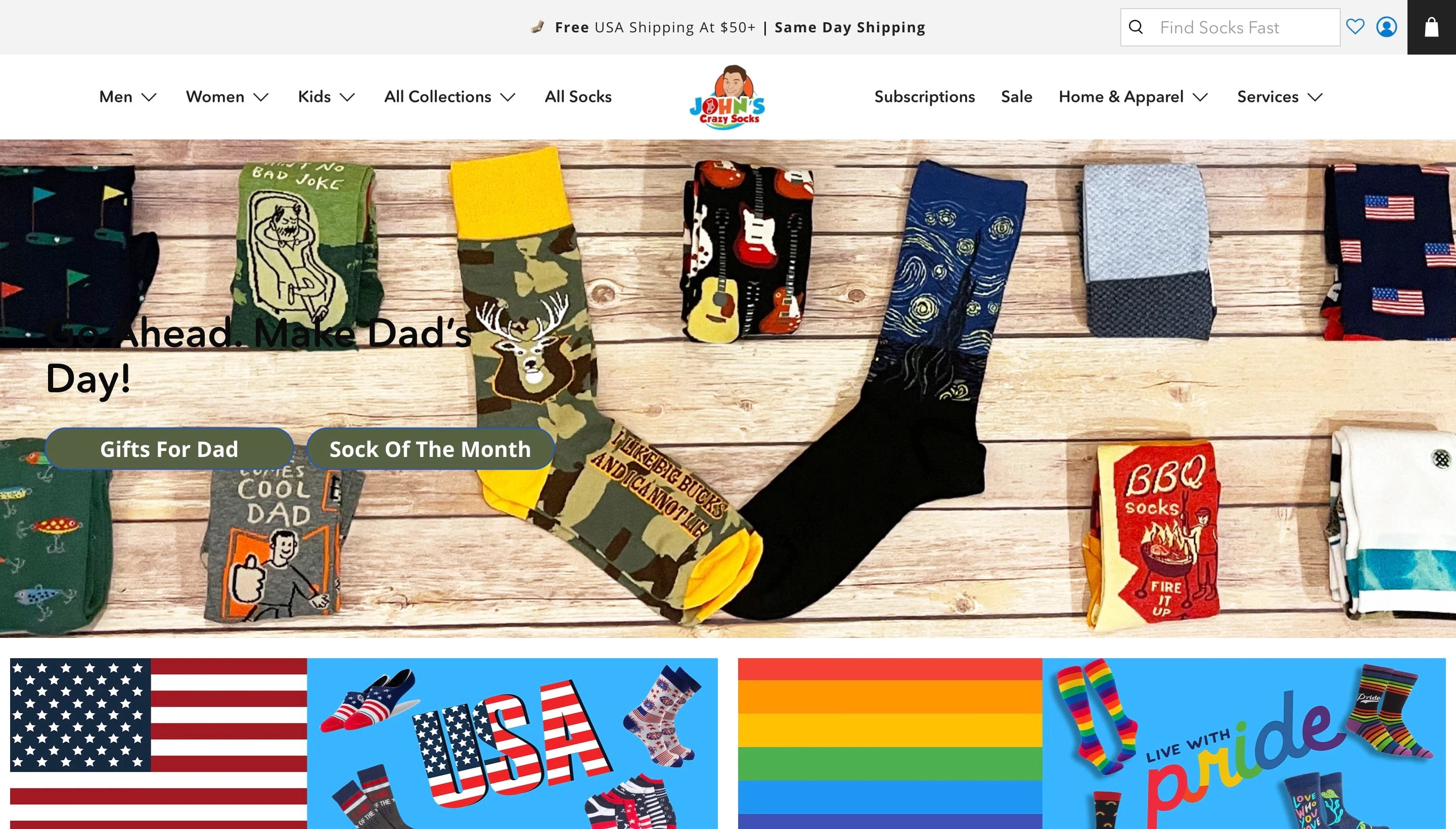 John's Crazy Socks Shopify store screenshot
