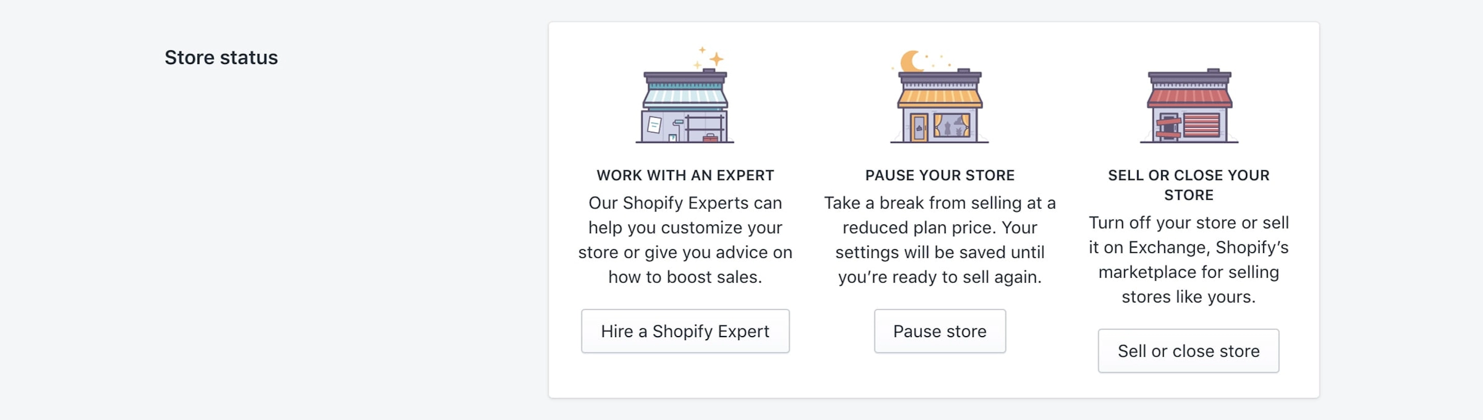 Shopify store pause and close options